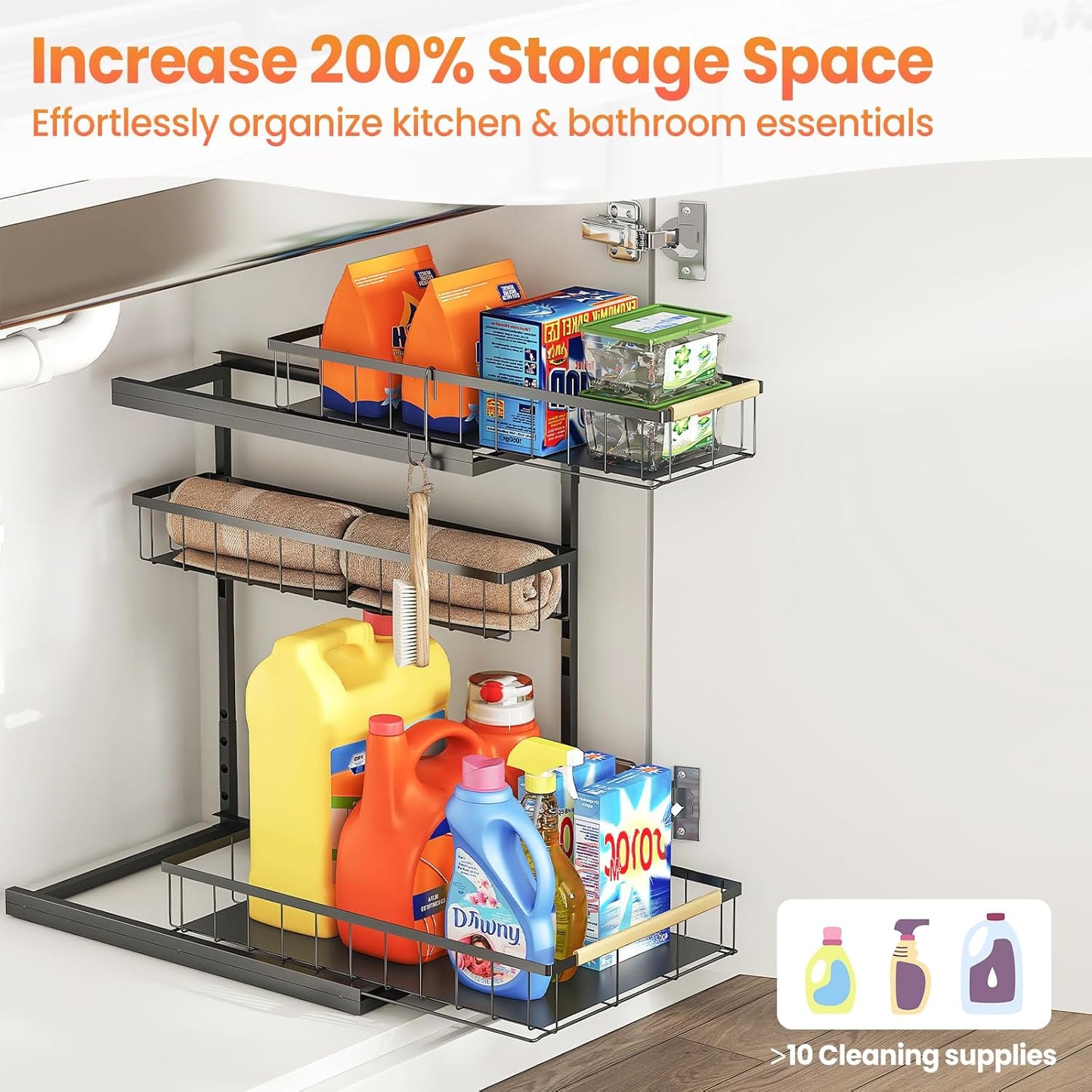 Under Sink Organizer and Storage for Bathroom and Kitchen - 1 Pack Pull Out Under Cabinet Shelf Organizers - 2 3 Tier Sliding Out Drawer Organization for Home Cabinets Shelves and Drawers