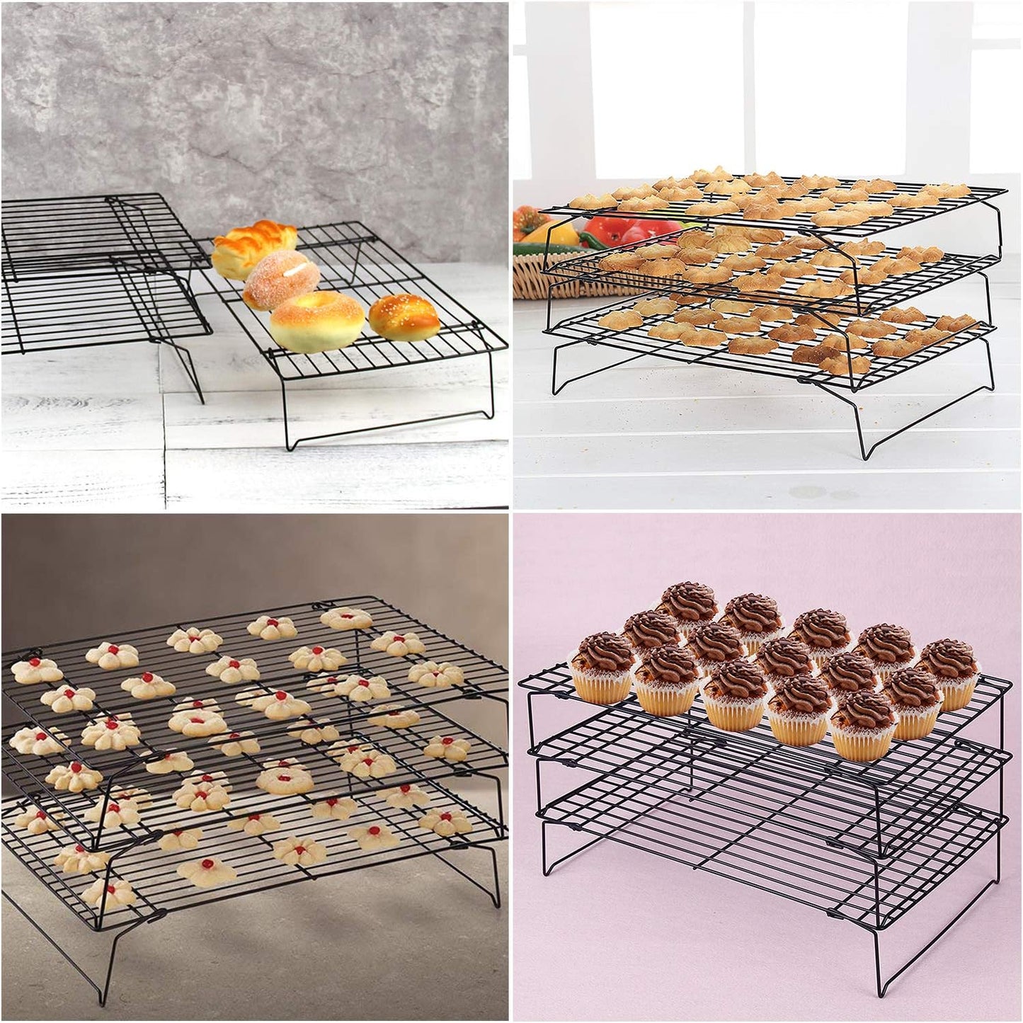 Cooling Rack, 3-Tier Stainless Steel Stackable Baking Cooking Cooling Racks for Cooling Roasting Grilling, Collapsible & Heavy Duty, Oven & Dishwasher Safe
