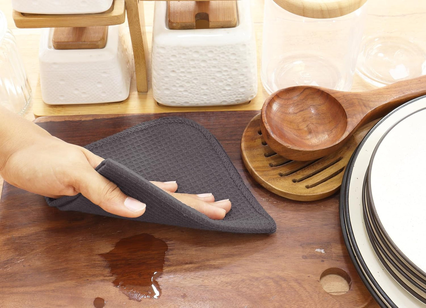 PurpleEssences Dish Cloths and Dish Rags - 6 Pack Waffle Weave Solid Kitchen Dish Wash Cloths, 100% Cotton, 12 x 12 Inches, Ultra Soft Absorbent Quick Drying - Spring Summer - Dark Grey