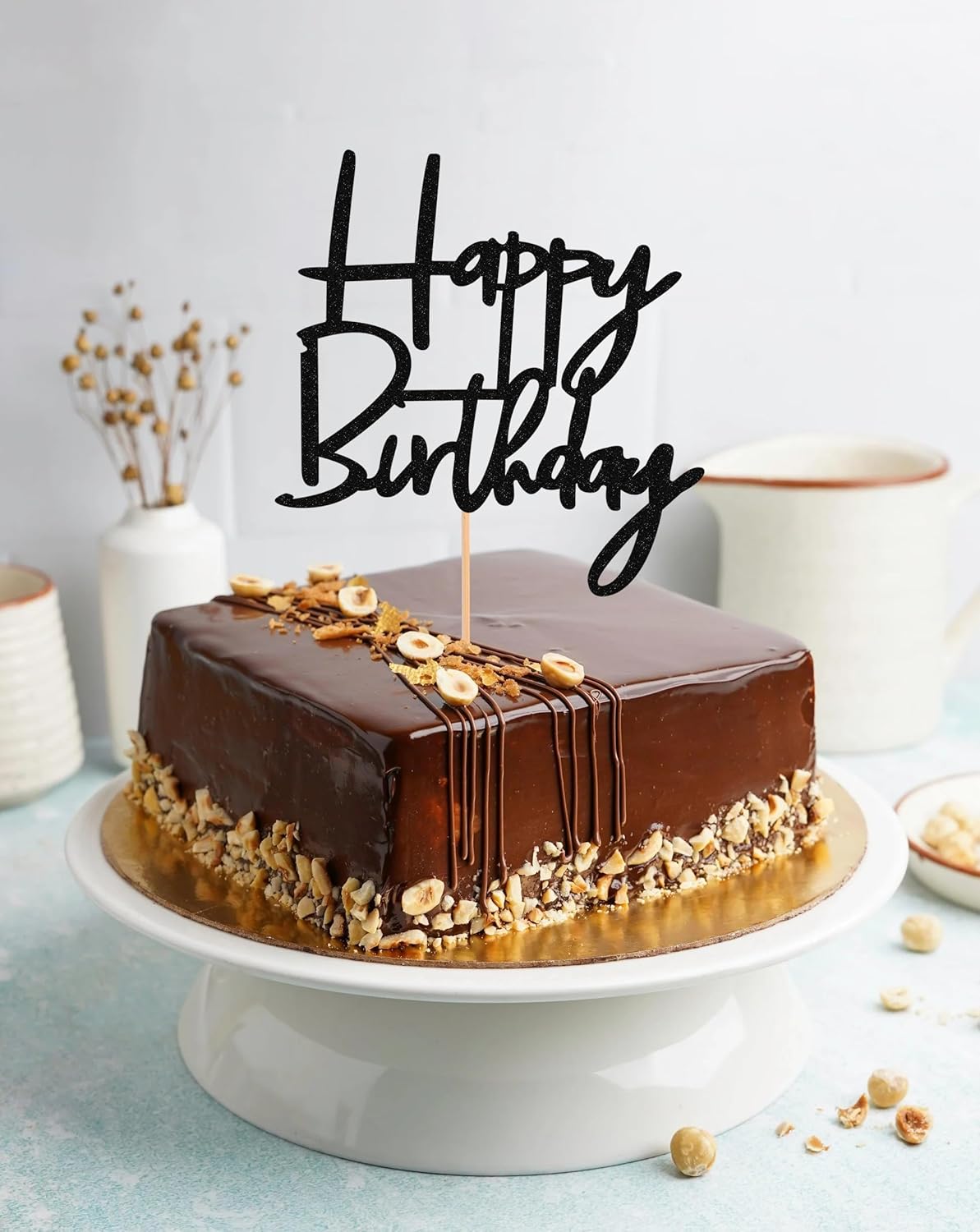 Happy Birthday Cake Topper - Glitter Black Birthday Cake Top Decorations (Black)