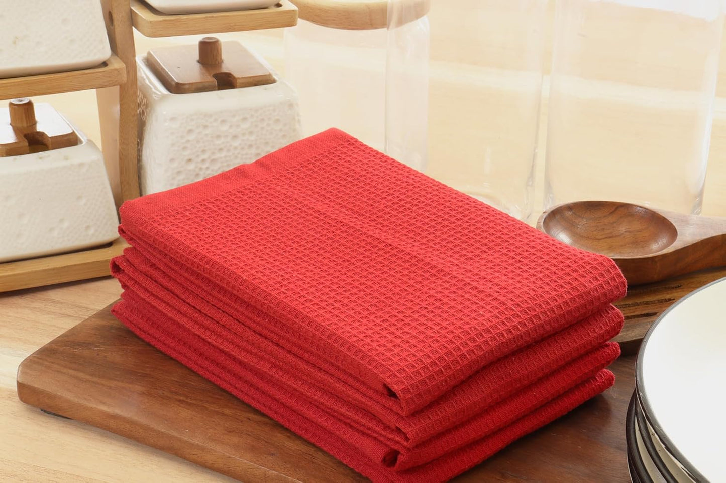 PurpleEssences Waffle Weave Kitchen Towel, 100% Cotton - 15 x 25 Inches, with Hanging Loop Ultra Soft Absorbent Quick Drying Dish Cloth, Tea and Hand Towels, 6 Pack - Spring Summer - Red