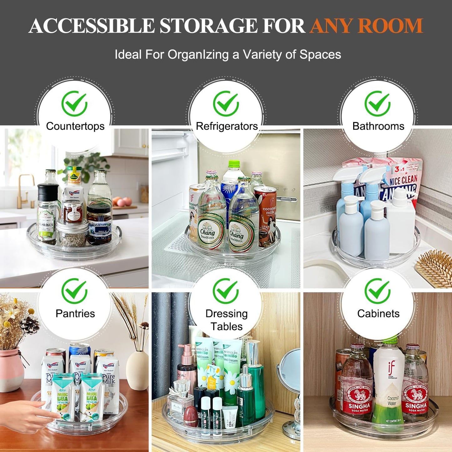 Clear Lazy Susan Organizer Turntable for Cabinet Table Top, 9.25 Inch 2 Pack 360 Rotating Spinning Makeup Organizer for Vanity, Kitchen Storage Rack Heavy-Duty Pantry Spices Tray Countertop Organizer