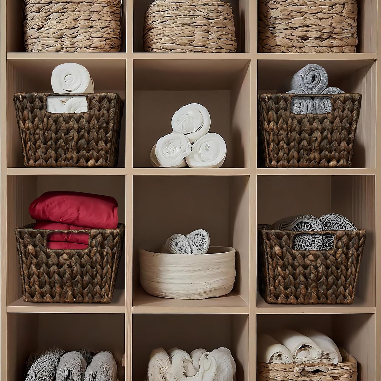 Casafield Set of 4 Water Hyacinth Storage Baskets with Handles - Espresso, Woven Rectangular Storage Bins for Shelves, Blankets, Laundry Organization