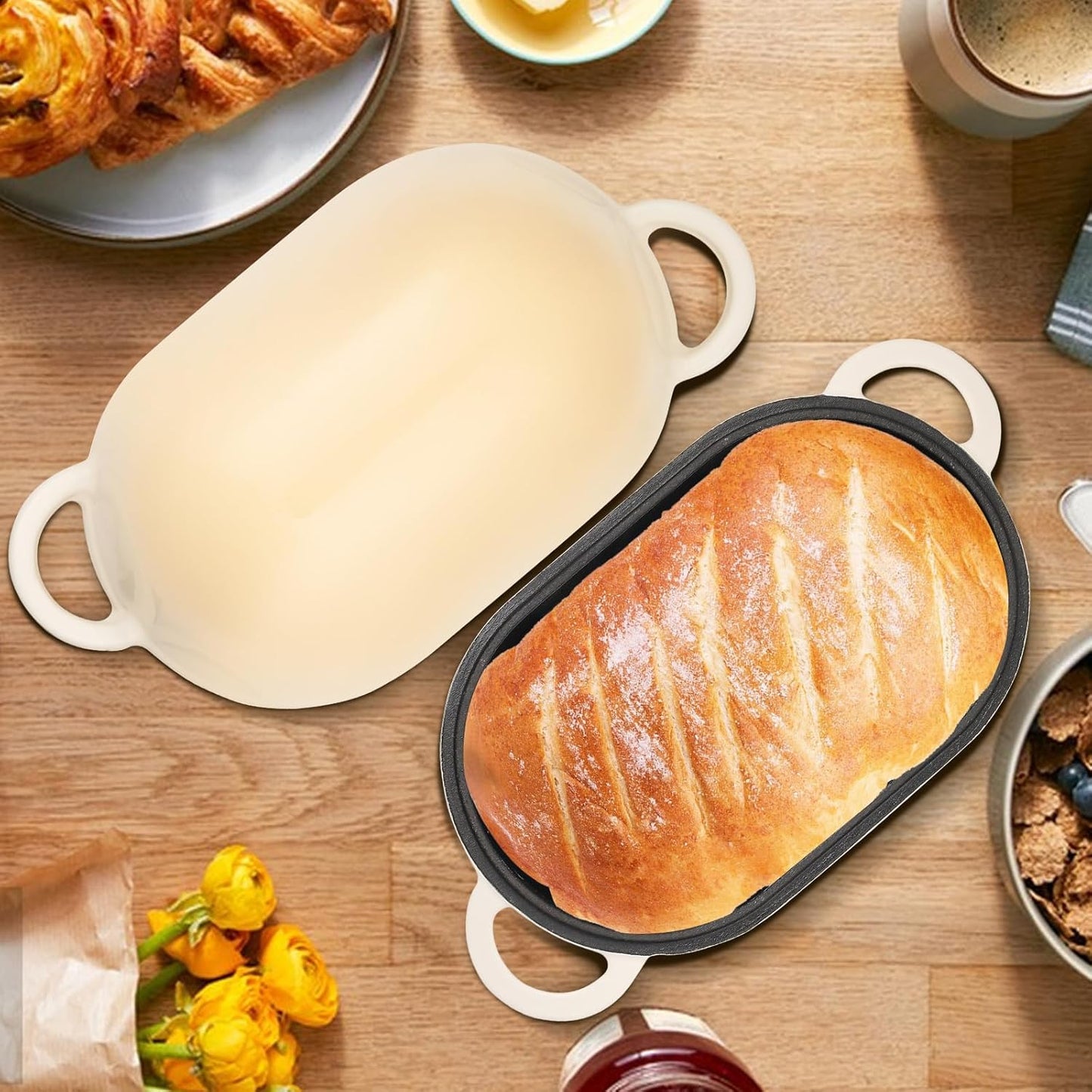 Enameled Cast Iron Bread Oven, 5QT Loaf Cast Iron Bread Pan with Lid, Oval Dutch Oven for Homemade Bread Baking (Gradient Caramel)