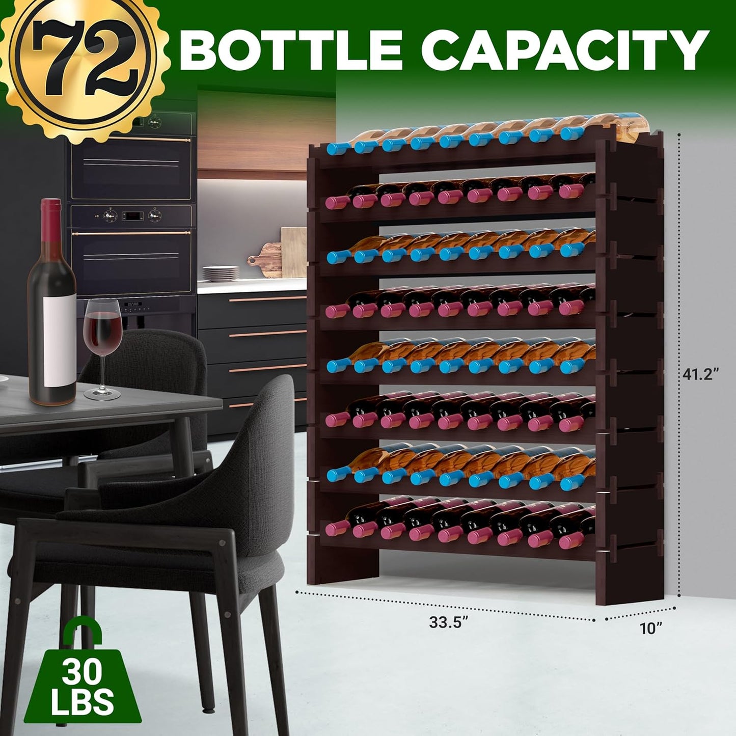 NutriChef Bamboo Stackable Wine Rack, 8-Tier 72 Bottle Capacity Wine Racks Free Standing Floor, No Tools Assembly, Modular Storage Display Shelf for Kitchen and Cellar 33.5" x 10" x 42", Black