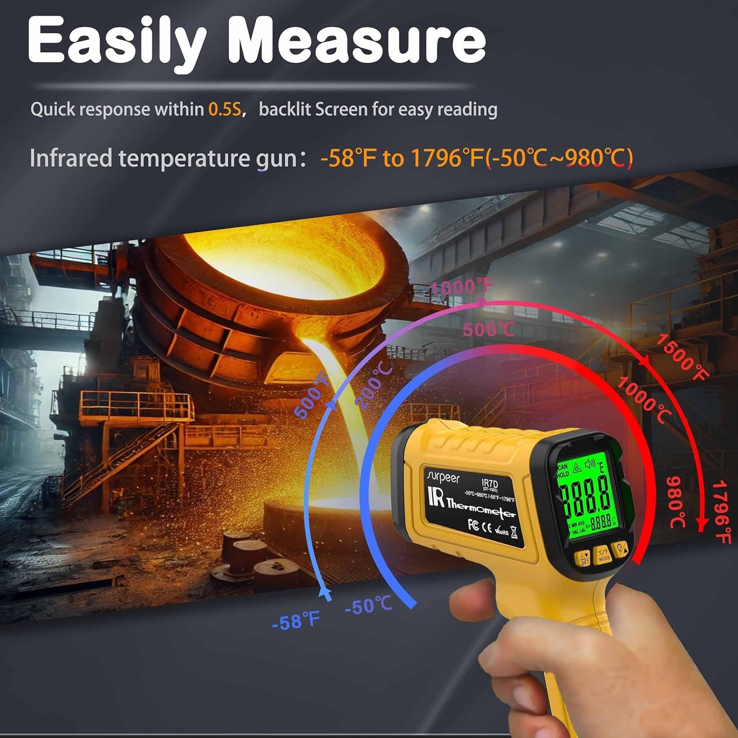 Infrared Thermometer Pyrometer Temperature Gun -58°F to 1796°F, 50:1 Distance Ratio, Laser IR Temp Gun for Cooking, Pizza Oven, Engine, Kilns, Forges, Industry, and Home Repair.