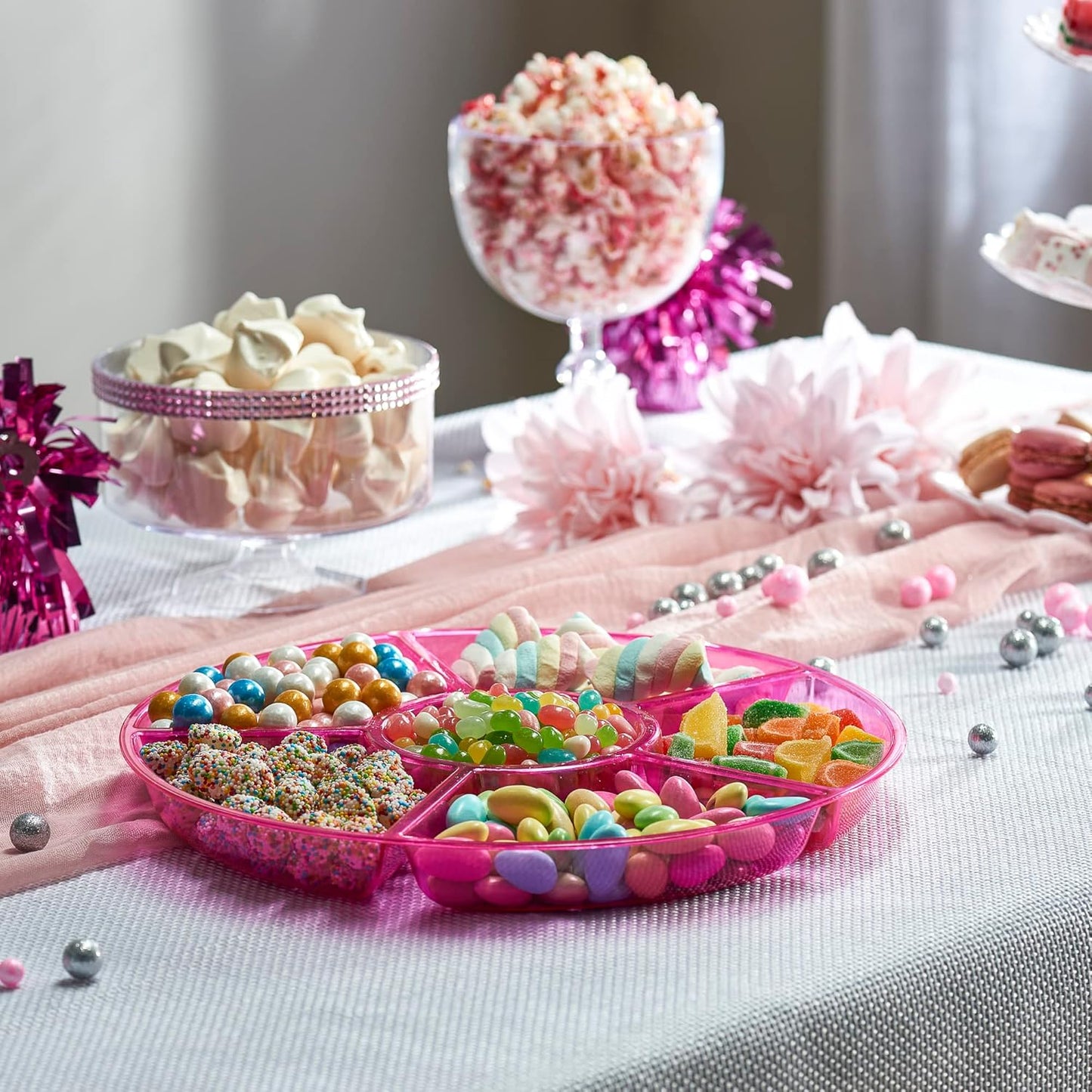 Plasticpro 6 Sectional Round Plastic Serving Tray/Platters Pink Pack of 8