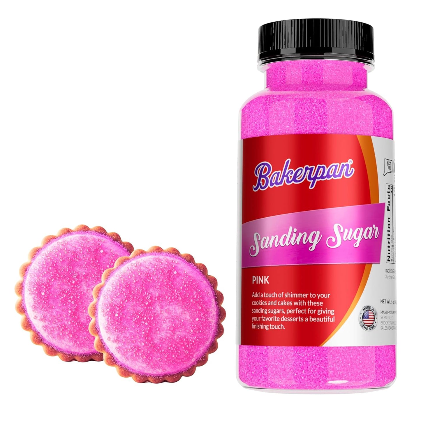 Bakerpan Pink Sanding Sugar for Baking & Cookie Decorating - 5 Ounce Edible Pink Sugar Sprinkles for Cookies, Cakes, Cocktails (Made In USA)