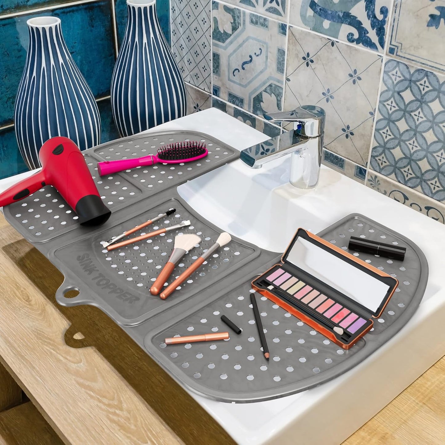 Sink Topper Bathroom Counter Cover & Storage Saver, Foldable Silicone Mat for Hot Tools, Hair Styling & Makeup, Beauty Brush Cleaning Mat, RV Camper Sink Cover & for Small Spaces (Large Silver)