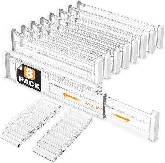 HiYZ Expandable Drawer Dividers with Inserts - Adjustable Drawer Organizers Separators for Kitchen, Bedroom, Dresser, Office, 8 Long Dividers(12.6-22.8 IN) with 16 Inserts(3.9-7.1 IN) - Clear