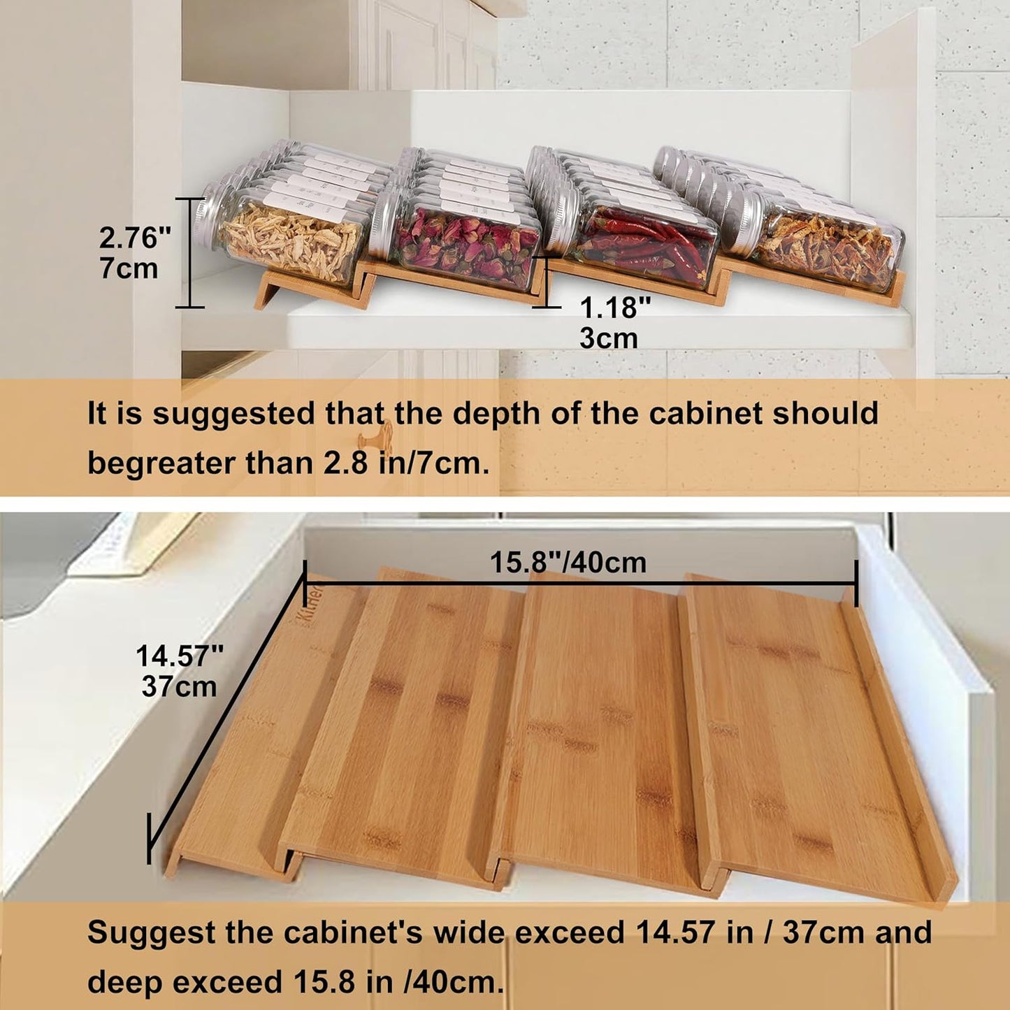 Spice Drawer Organzier,4 Tiers Bamboo Spice Rack Tray Insert for Cabinet Drawer Countertop, Kitchen Seasoning Storage Drawer Organization,14.57" Wide x 15.8" Deep （Hold UP To 32 Jars