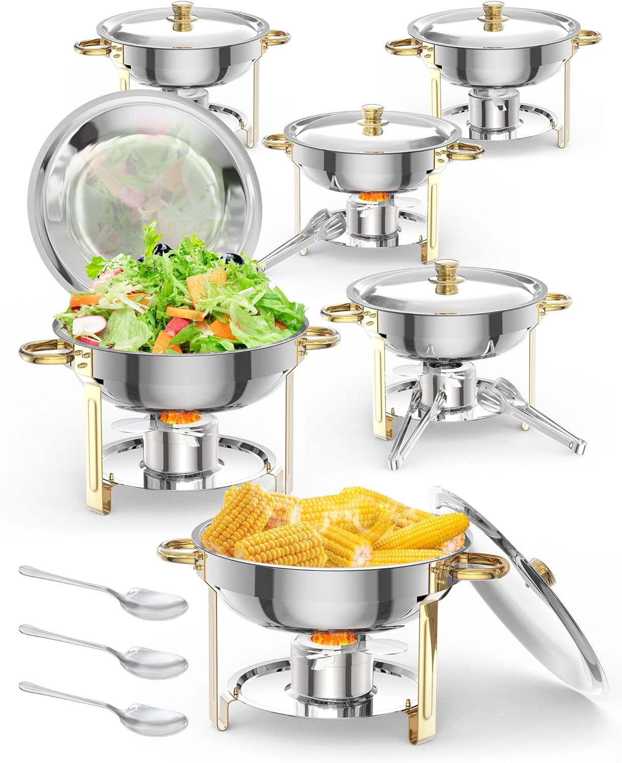 5QT 6 Packs Chafing Dish Buffet Set, NSF Round Stainless Steel Chafers and Warmers Food Servers Sets with Lid & Lid Holder, Spoon & Tweezer for Catering Events Parties Weddings Dinners, Gold