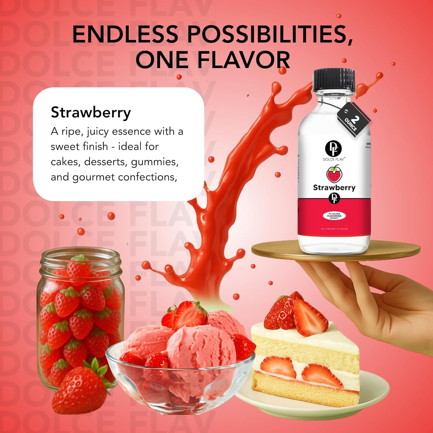 Dolce Flav Strawberry Extract 8 oz – Kosher, Sugar-Free, Concentrated Berry Flavor for Candy, Chocolates & Desserts, Includes Measured Dropper