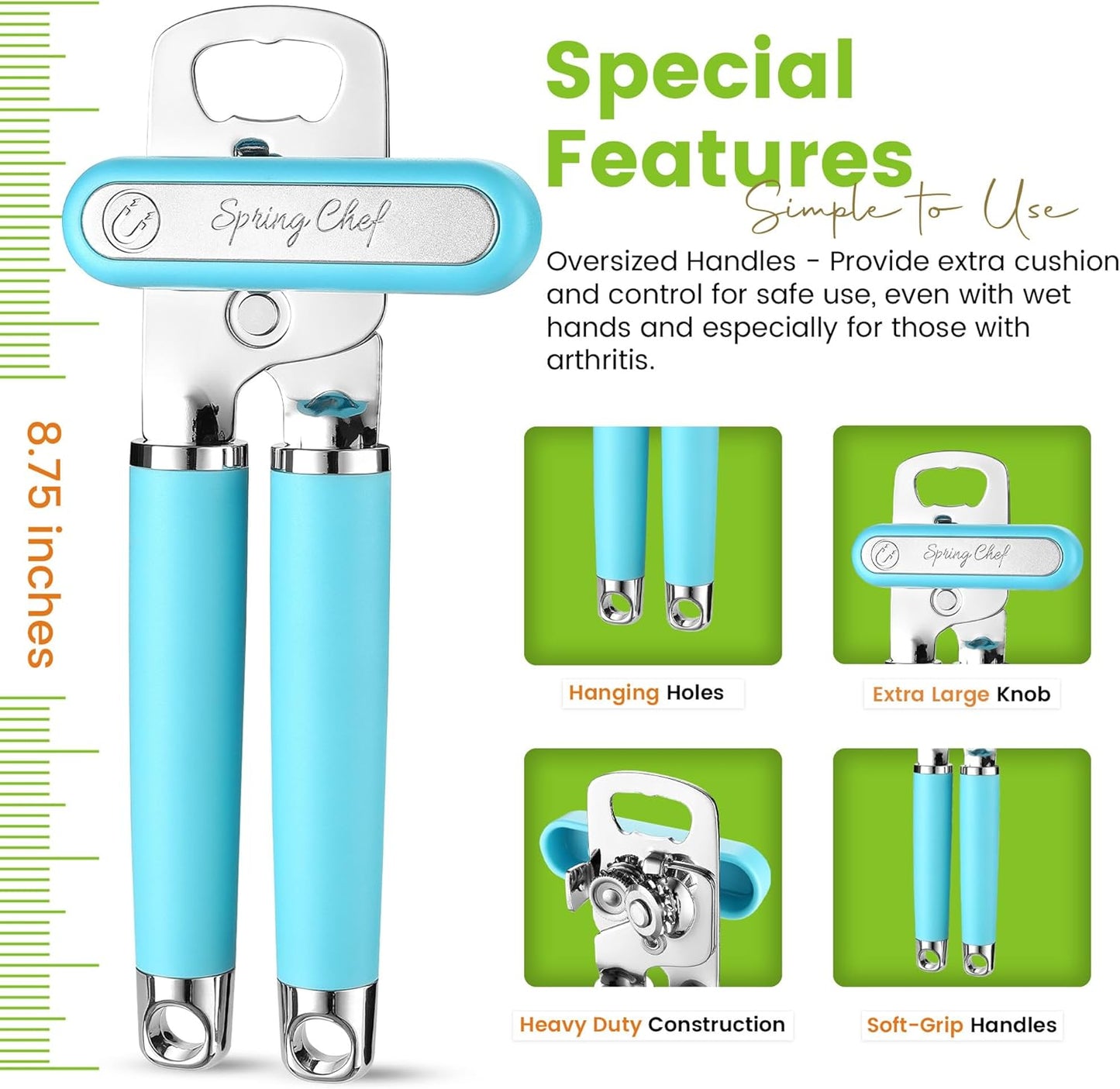 Spring Chef Stainless Steel Can Opener - Manual with Soft Grip Handles, Easy Turn, Heavy Duty Hand Can Openers for Seniors with Smooth Edge - Magnetic Lid Remover - Aqua Sky