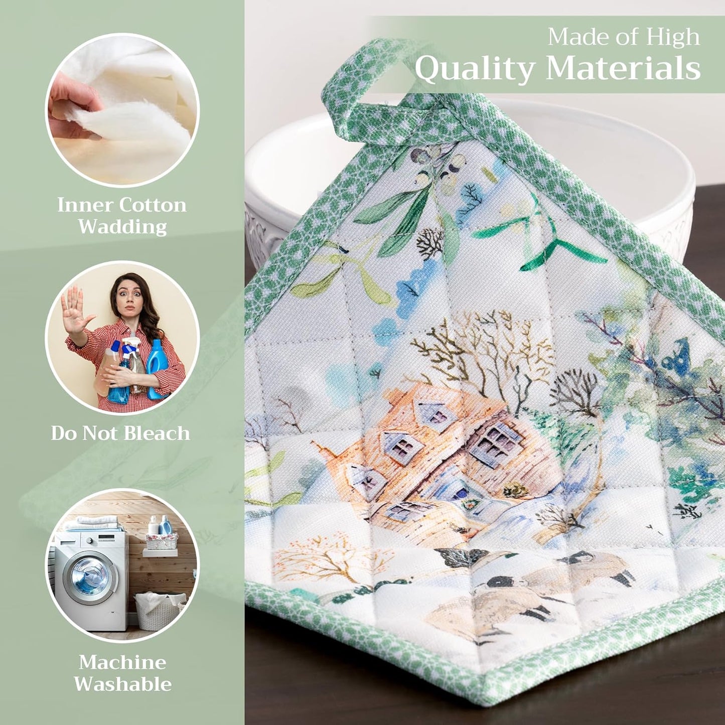 Maison d' Hermine Pot Holders 100% Cotton Heat Resistant Potholders 8" x 8" Hot Pads with Loop BBQ, Cooking, Baking, Grilling, Kitchen, Handling Hot Pans (Pack of 1, Snowy World)