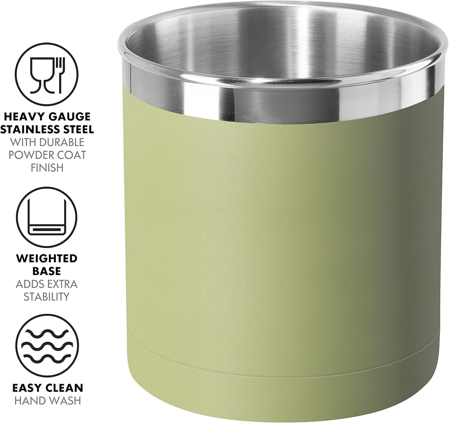Oggi Stainless Steel Jumbo Utensil Holder - 7" Utensil Caddy, Weighted Base for Stability - Extra Large Utensil Crock and Countertop Utensil Organizer, Olive