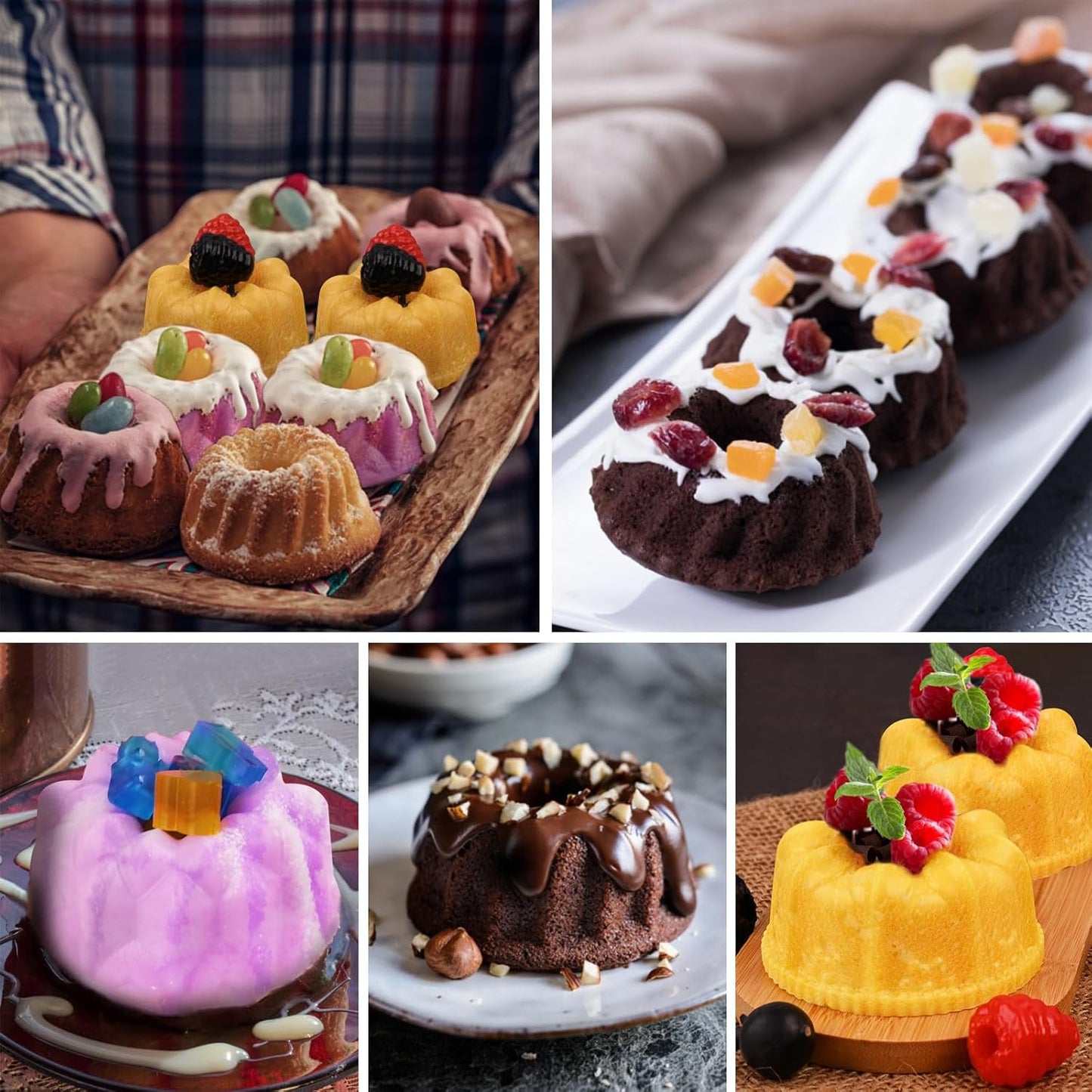 HUAKENER 2 Pcs Mini Fluted Cake Pan, 6-Cavity Fluted Tube Cake Pan, Non-stick Silicone Baking Mold for Cupcakes, Donuts, Cornbread, Brownies, Jellies