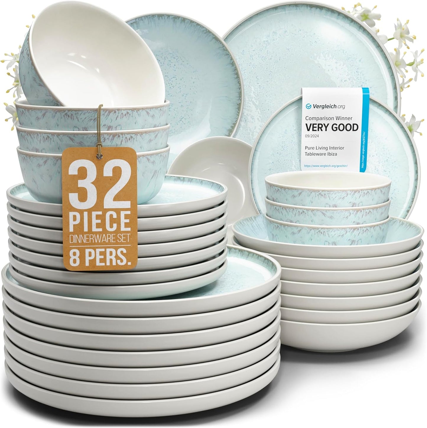 32 Piece Dinnerware Sets for 8 - Modern Style Stoneware Dinnerware Set - Scratch Resistant, Dishwasher Safe Plates and Bowls Sets Ceramic, Dish Set, Bowl and Plate Set - Beige and Blue…