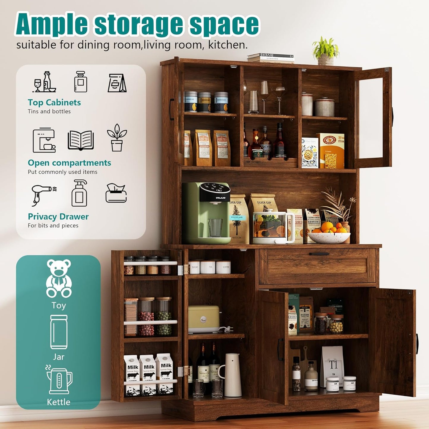 Vongrasig Tall Kitchen Pantry, Food Storage Pantry Cabinet with Hutch and Microwave Stand, Modern Coffee Bar Hutch with Adjustable Shelves for Kitchen, Dining Room, Brown