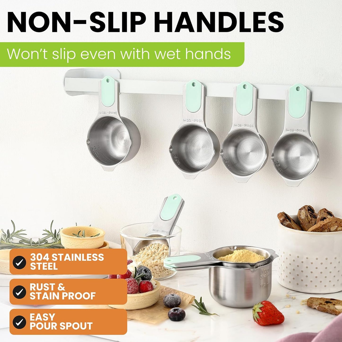 Spring Chef Magnetic Stainless Steel Measuring Cups, Patented, Kitchen Tools with Easy to Read Markings for Measuring Dry or Liquid Ingredients, Set of 7, Mint