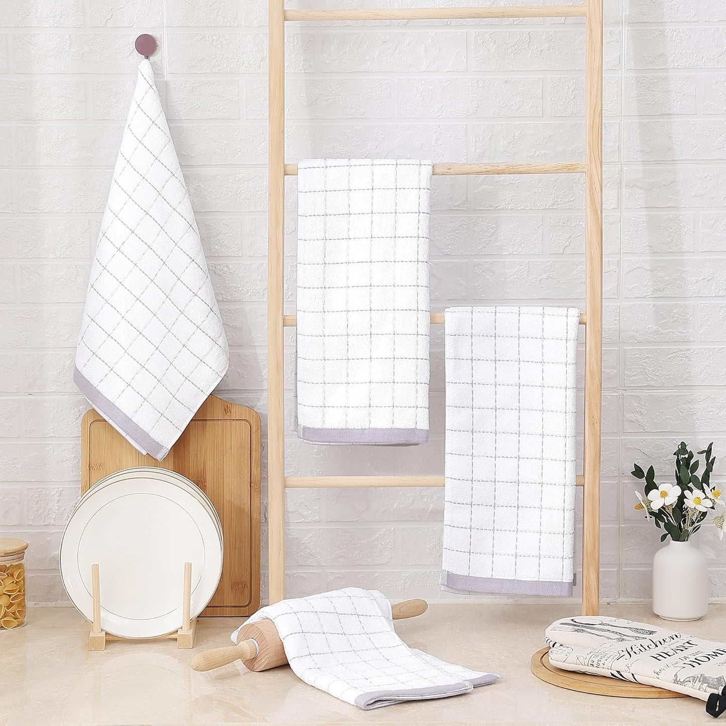 Homaxy 100% Cotton Terry Kitchen Towels(White, 13 x 28 inches), Checkered Designed, Soft and Super Absorbent Dish Towels, 6 Pack