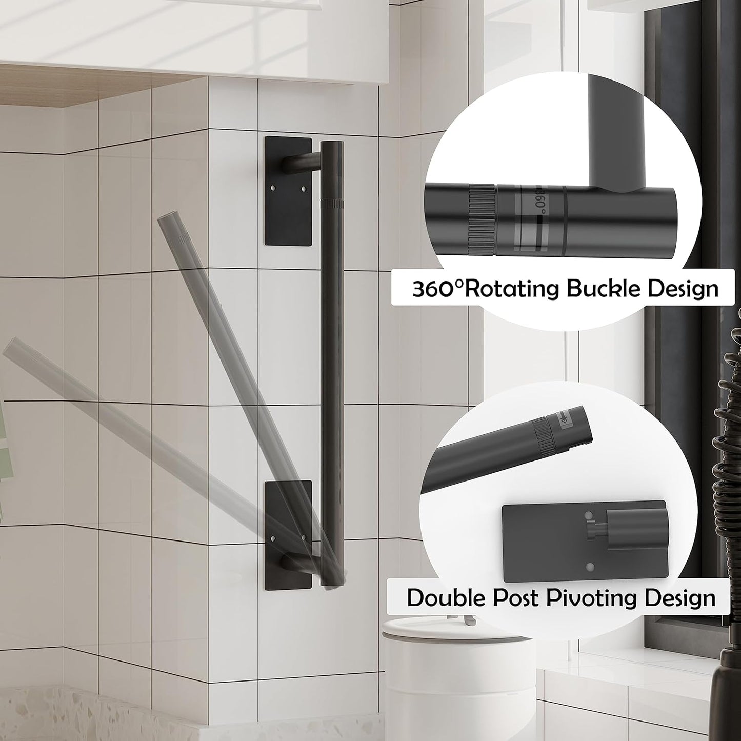 Ruacq Matte Black Paper Towel Holder Double Post Pivoting Square Base Under Cabinet Paper Towel Holder for Kitchen Self-Adhesive or Drill mounting