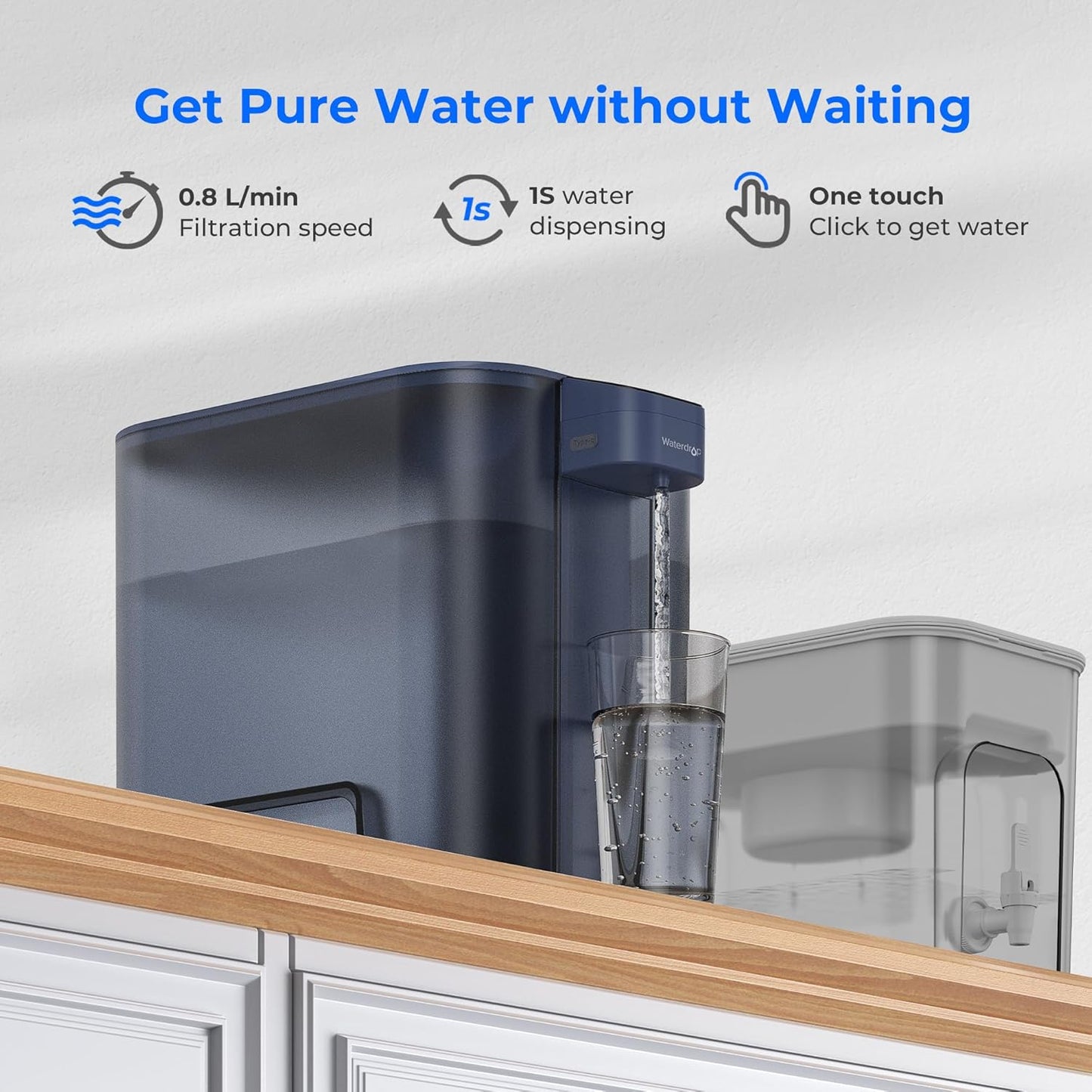 Waterdrop Large 27-Cup Mega Electric Water Filter Dispenser, 200-Gallon Rechargeable Instant Pitcher, NSF/ANSI 42&53&401&372, Reduce PFAS, Lead, Chlorine, with 1 Filter, Blue, Does not Lower TDS