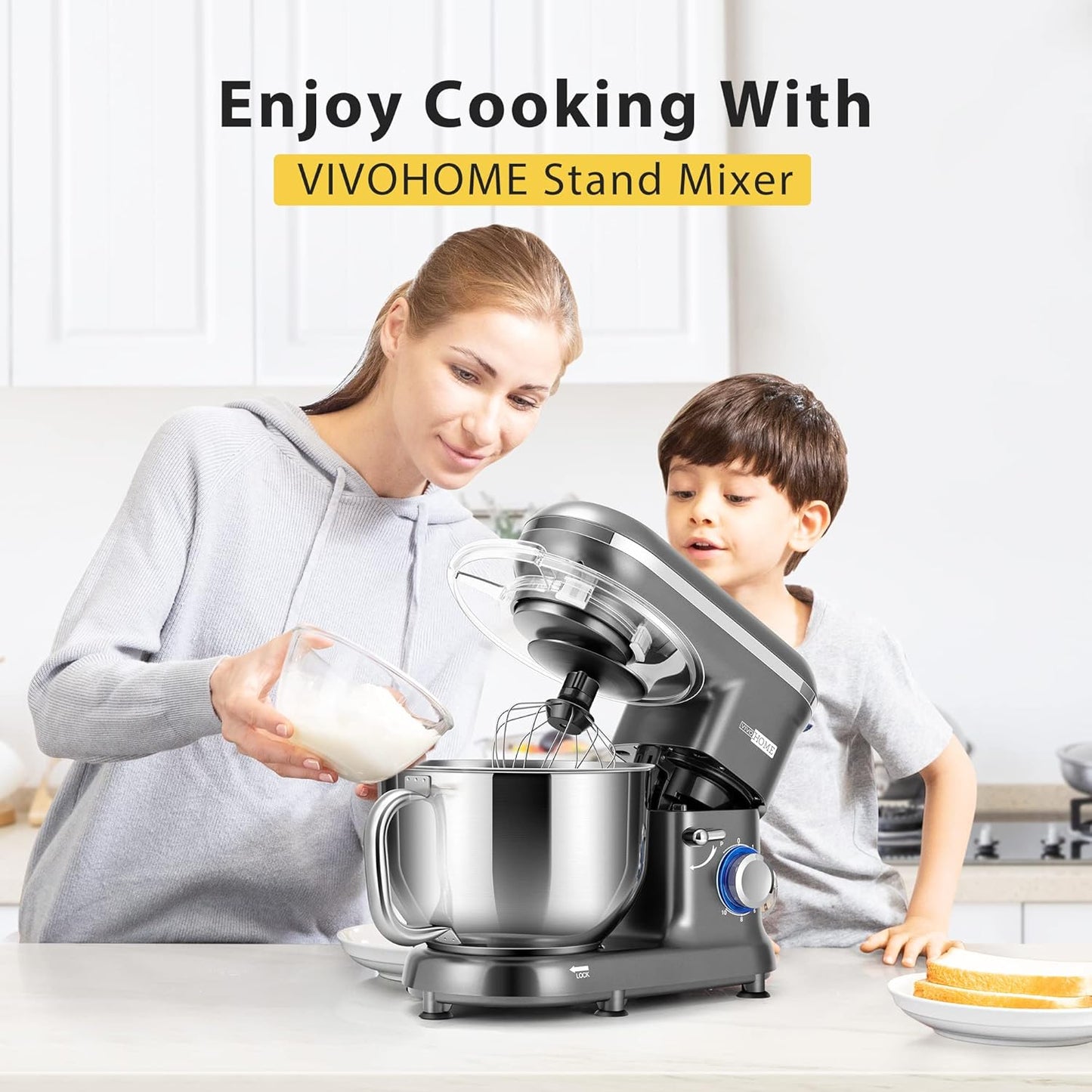 VIVOHOME Stand Mixer, 660W 10 Speed 6 Quart Tilt-Head Kitchen Electric Food Mixer with Beater, Dough Hook, Wire Whip and Egg Separator, Gray