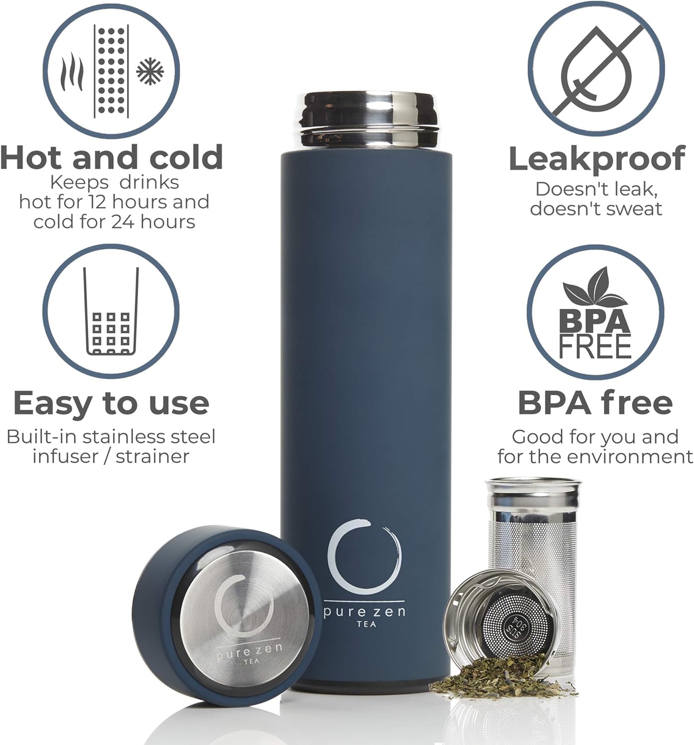 Pure Zen Tea Thermos with Infuser for Hot and Cold Infusions - Stainless Steel - Tea Infuser Bottle - Leakproof Travel Mug with Filter - 15oz - Blue