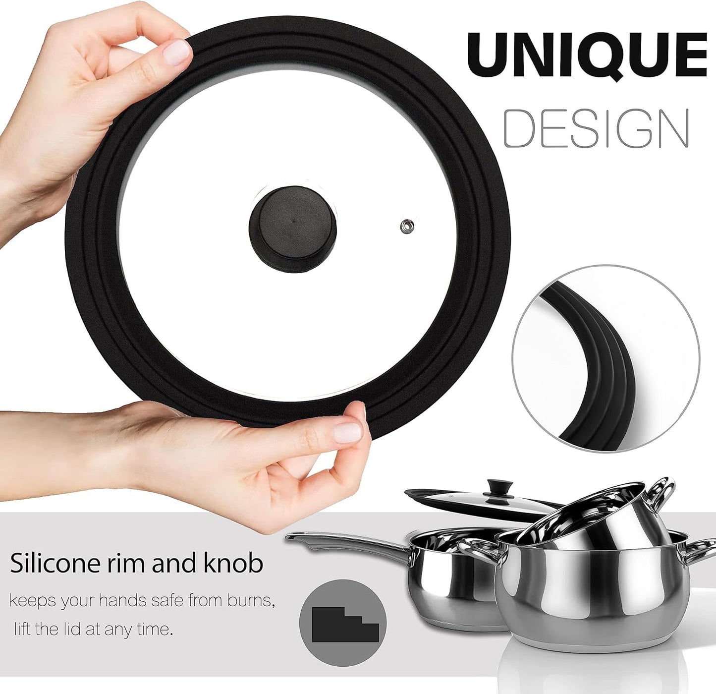 Tempered Glass Lid Set of 2 - Universal Lids with Heat Resistant Silicone Rim for Pots, Pans and Skillets - Pan Cover Replacement Lids Fit 7", 8" & 9" and 10", 11" & 12" Diameter Cookware