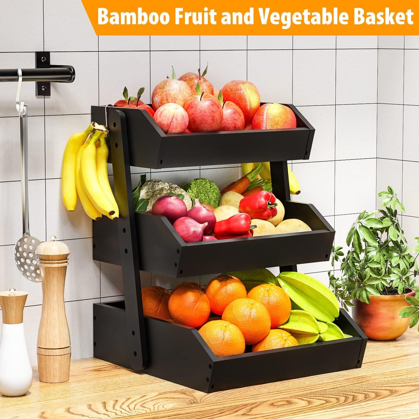Bamboo Fruit Basket for Kitchen – 3 Tier Fruit Bowl For Kitchen Counter, Large Fruit Holder With 2 Banana Hangers, Idea For Fruit and Vegetable Storage, Bread Basket, Snack Organizer(BLACK)