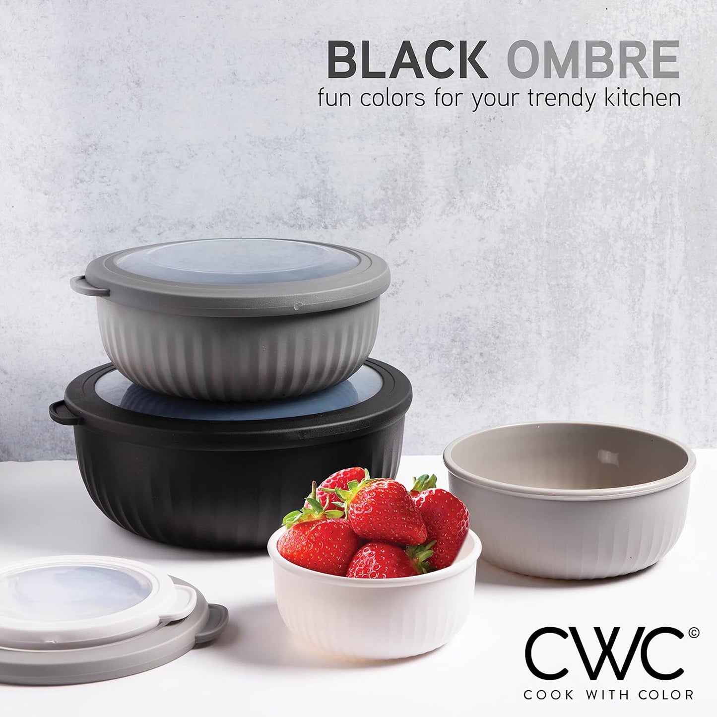 COOK WITH COLOR Prep Bowls with Lids- Wide and Deep Nesting Plastic Small Mixing Bowl Set with Lids, 8 Piece Set - Wide Bowls, Black/White