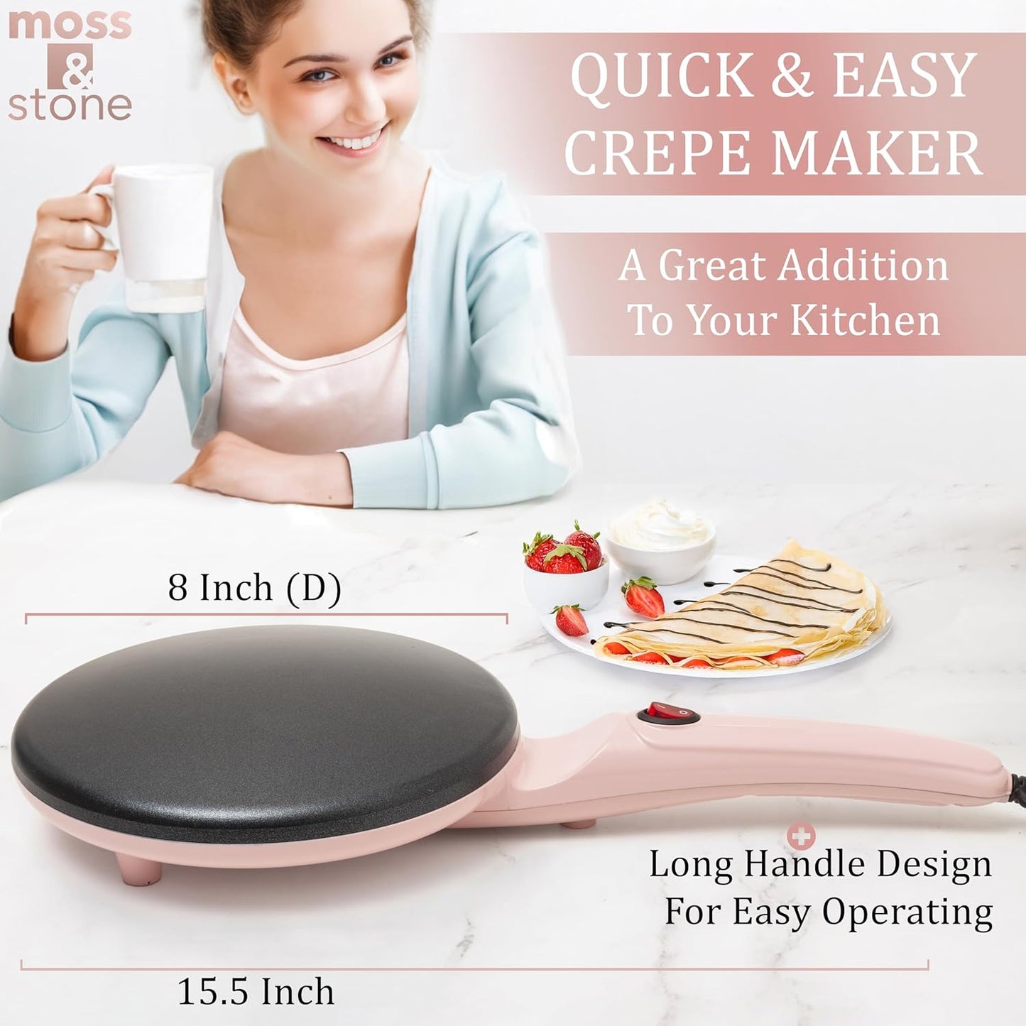 Moss & Stone Pink Electric Crepe Maker 8 Inch, Portable Crepe Maker & Hot Plate Cooktop On/Off Switch, Nonstick Coating, Automatic Temperature Control, Easy To Use For Pancakes, Blintz