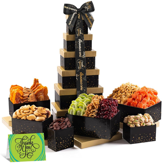 NUT CRAVINGS Gourmet Collection - Thank You Appreciation, Nuts & Dried Fruits Tower Gift Basket, with TY Ribbon + Greeting Card (12 Assortments) Food Arrangement, Healthy Snack, Food Assortments