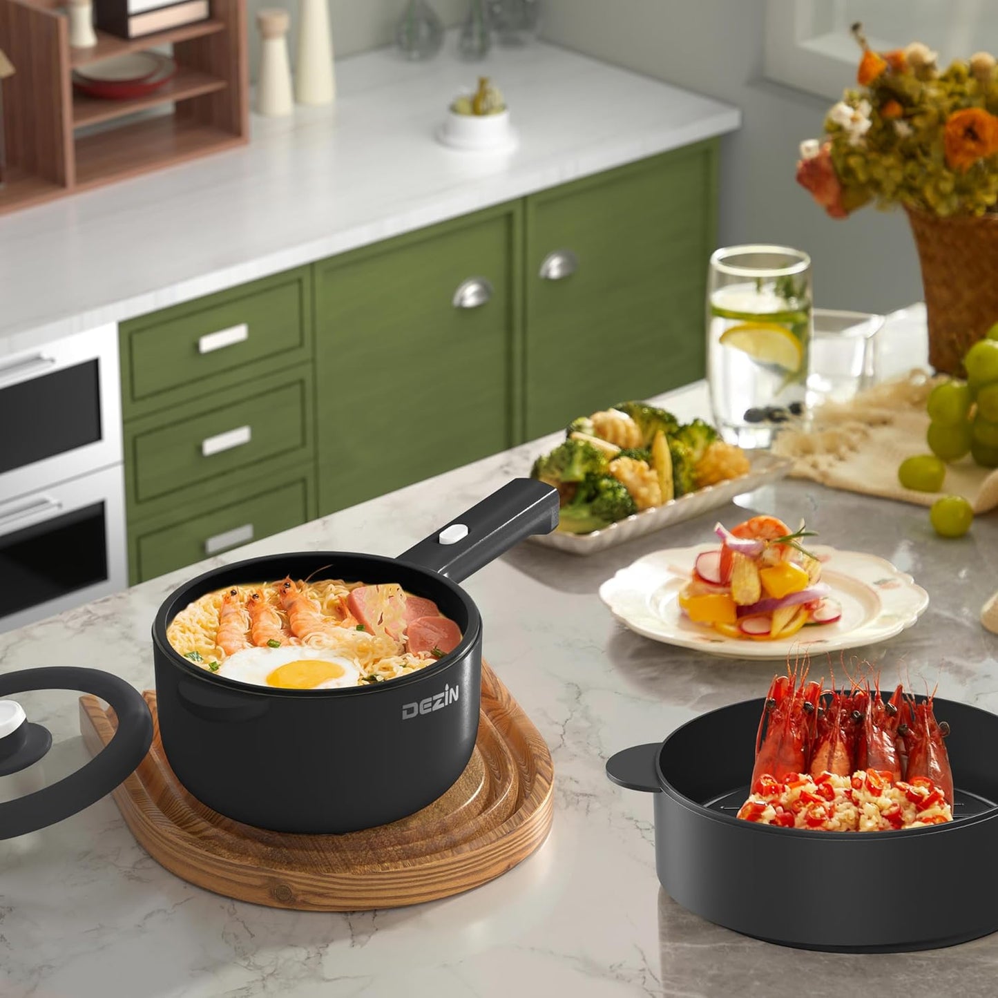 Dezin Electric Cooker, 2L Non-Stick Sauté Pan, Rapid Noodles Cooker, Mini Pot for Ramen with Power Adjustment, Dorm Room Essential