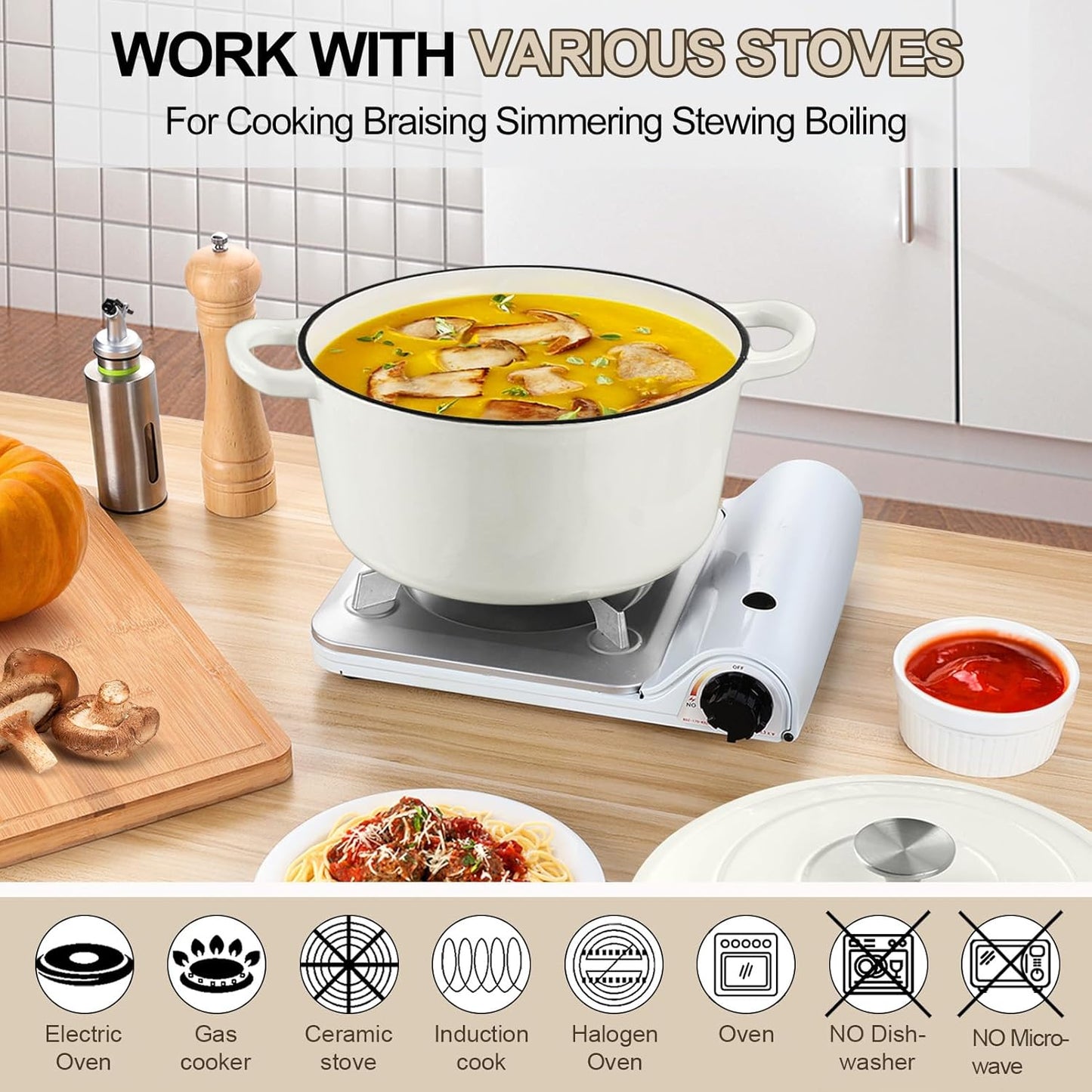 P&P CHEF 7QT Enameled Dutch Oven, Cast Iron Dutch Oven Pot with Lid for Bread Baking, Enameled Casserole Pot for Roasting Braising Stewing Frying Simmering, Various Stoves & Easy Clean, White