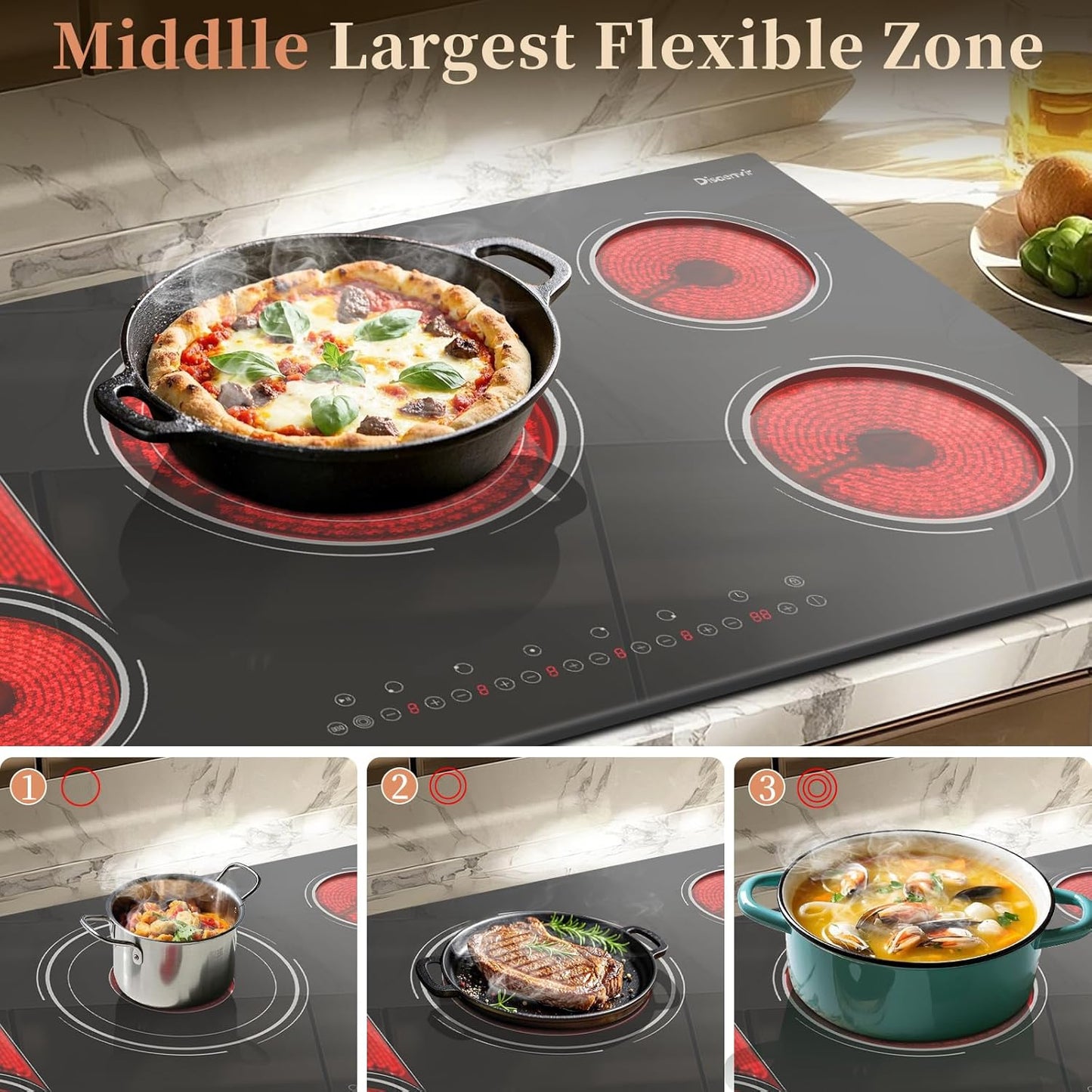 36 Inch Electric Cooktop - 5 Burner Electric Stove Top Powerful 9600W, 36 Inches Built-in Ceramic Stove with Large 3900W Flexible Zone, Timer, Safety Lock, 220V - 240V Hard Wired (No Plug)