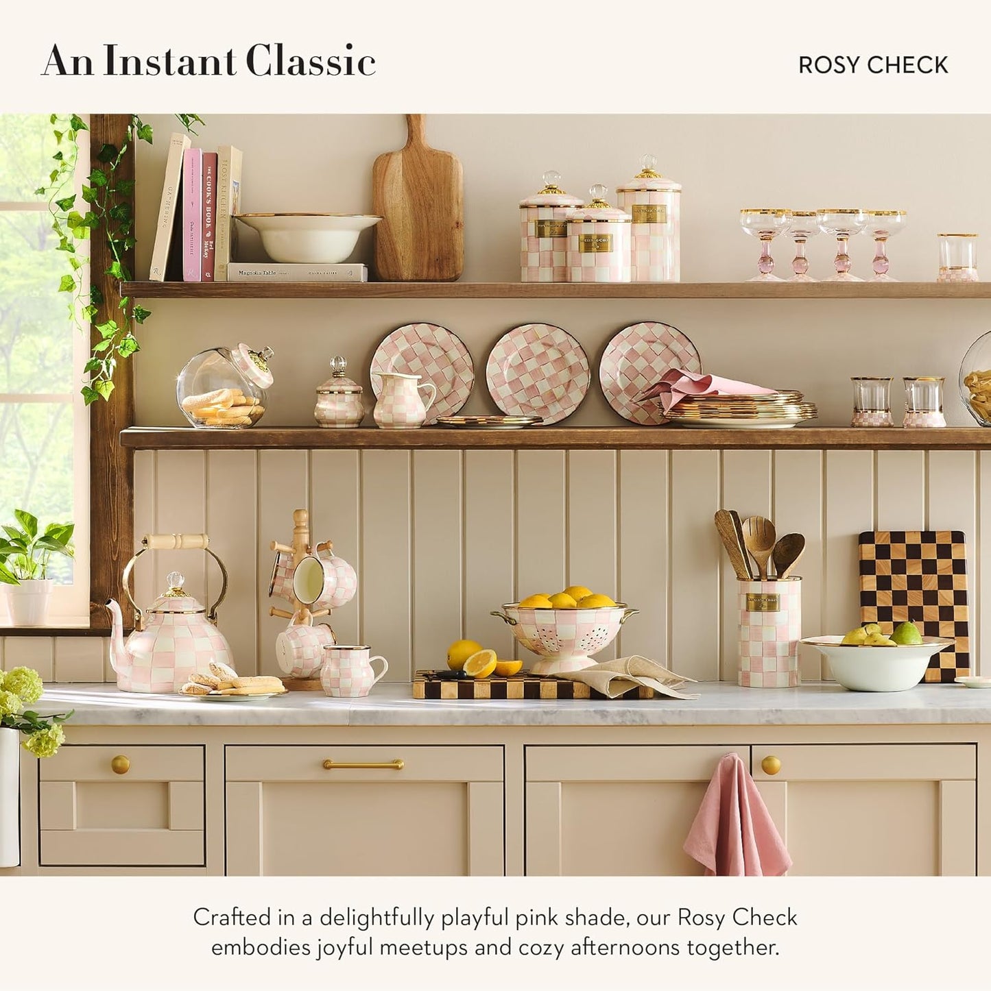 MACKENZIE-CHILDS Enamel Salad Serving Set, Enamel Bowl and Wooden Salad Servers, Decorative Kitchen Set, Pink-and-White Rosy Check