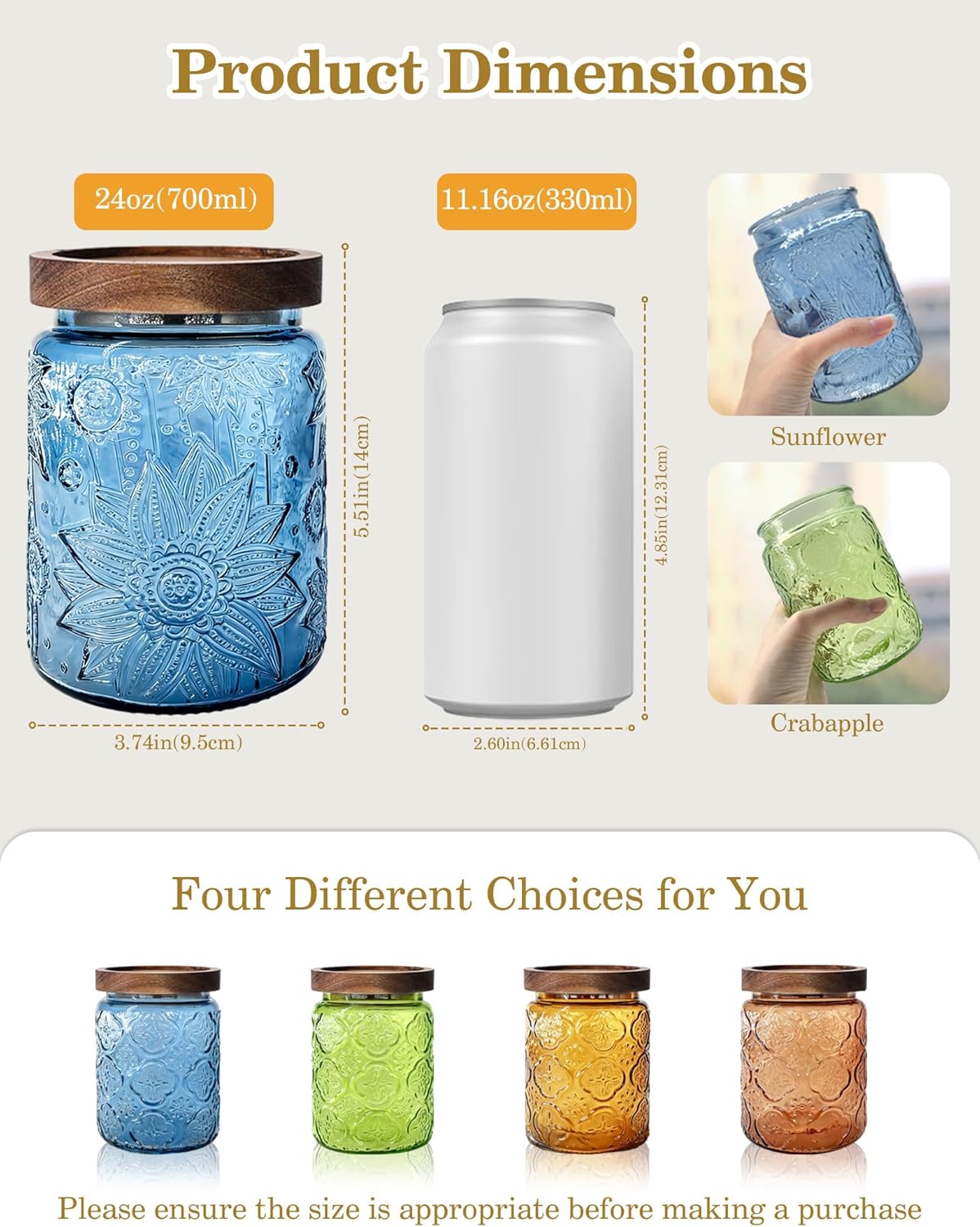 Glass Jar with Airtight Wood Lid – 24 OZ Kitchen and Pantry Canister, Decorative Vintage Storage Container for Candy, Coffee, Cookie, Cereal, Flour, Sugar, Tea, Apothecary, Blue Sunflower