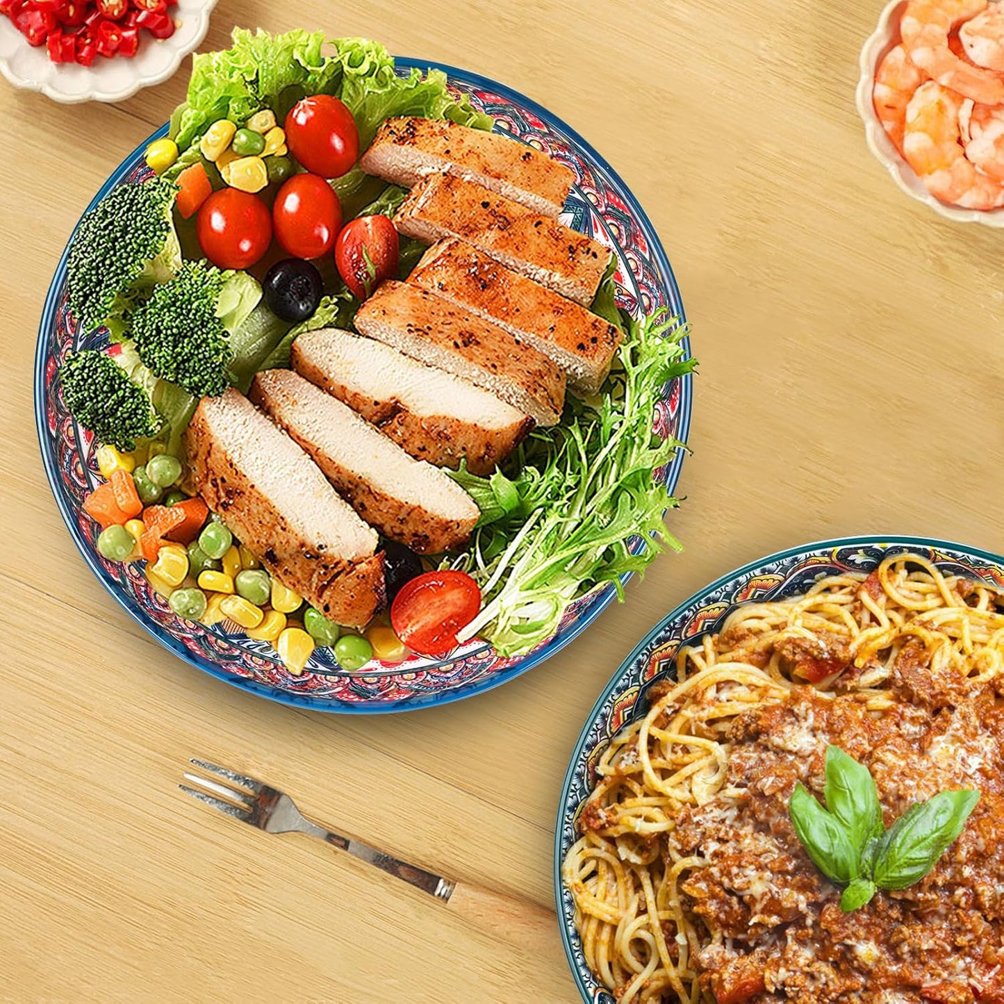 75 Oz Serving Bowls,Bohemian Style Large Porcelain Dishes for Entertaining Parties,Big Bowls for Eating Soup, Salad, Pasta, Fruit, Chips, 10.3 Inch Diameter (blue blue)