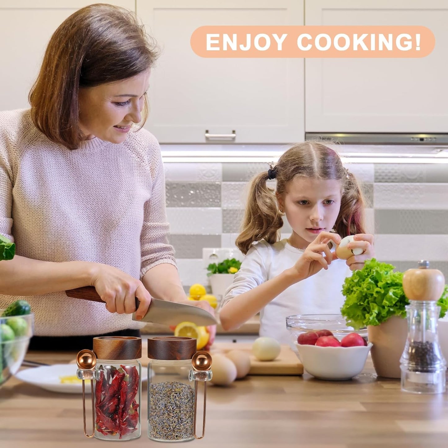 8oz Small Glass Spice Jar with Spoon Coffee Sugar Container Airtight Food Storage Canisters Bottle for Kitchen Seasoning Tea Herb Overnight Oats Bar(2×250ml(8.4oz))