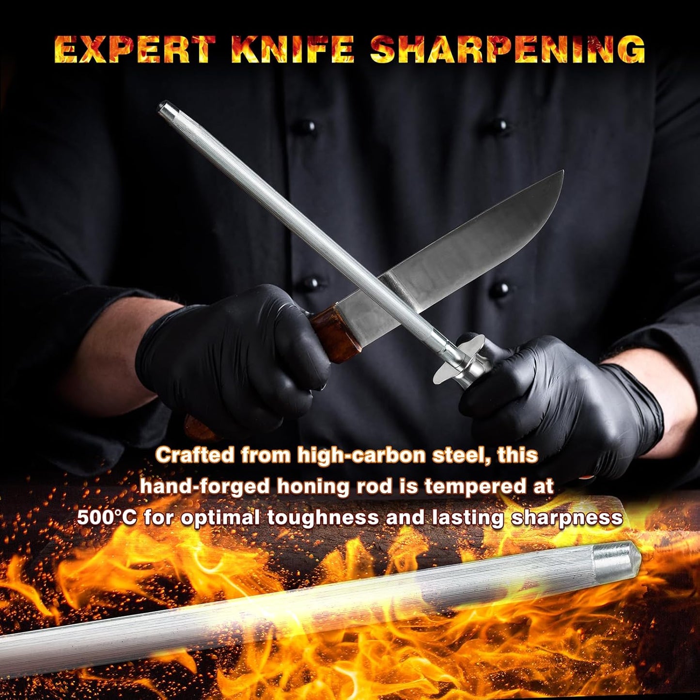 Knife Sharpener Rod, Kitchen Knives Sharpener Carbon Steel Professional Knife Sharpening Steel, Honing Rod with Hanging Holes (13 inches), U