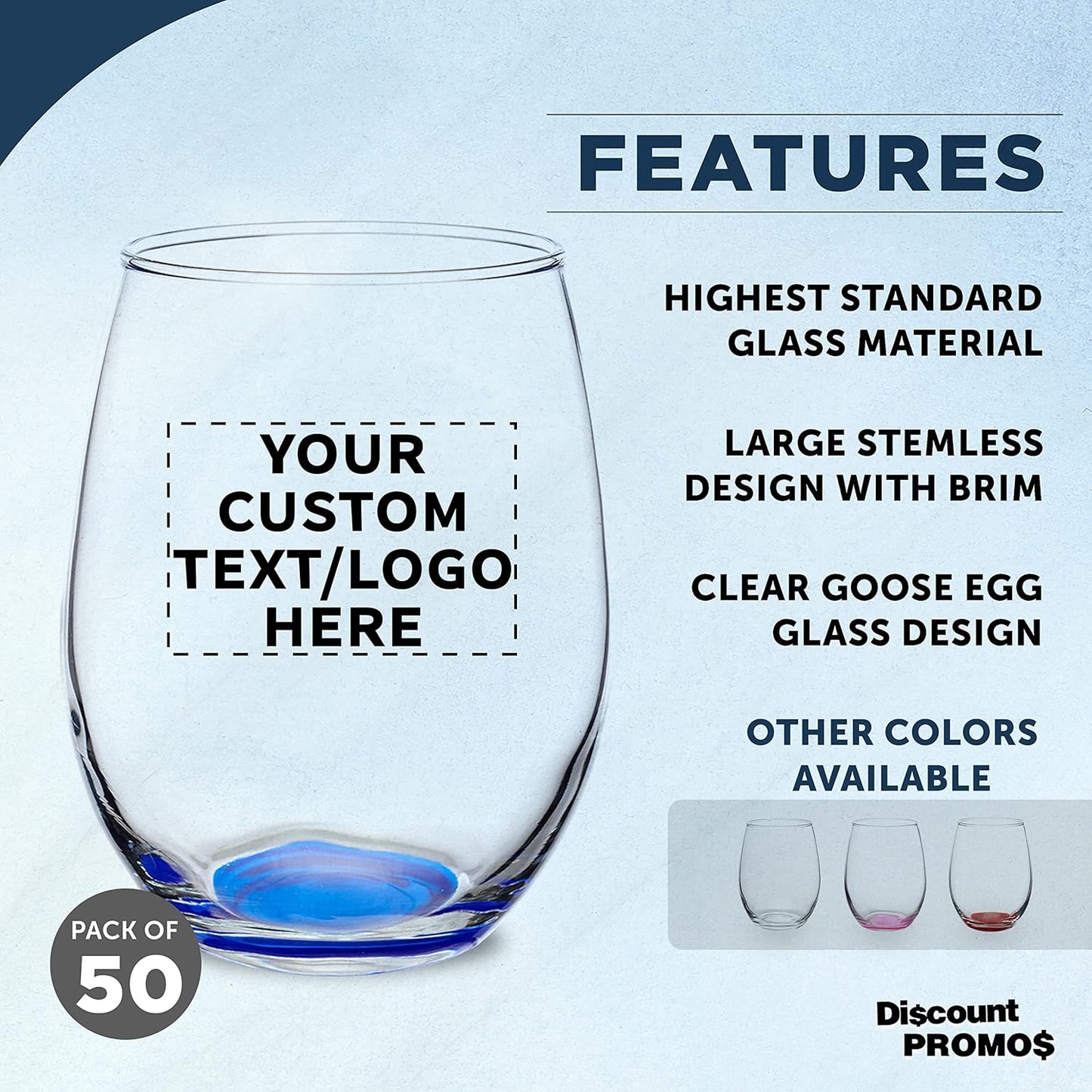 Custom Stemless Wine Glasses in Bulk by ARC Perfection, 15 oz, 50 pack, Personalized Text, Logo, Red or White Wine Glass Set, Blue
