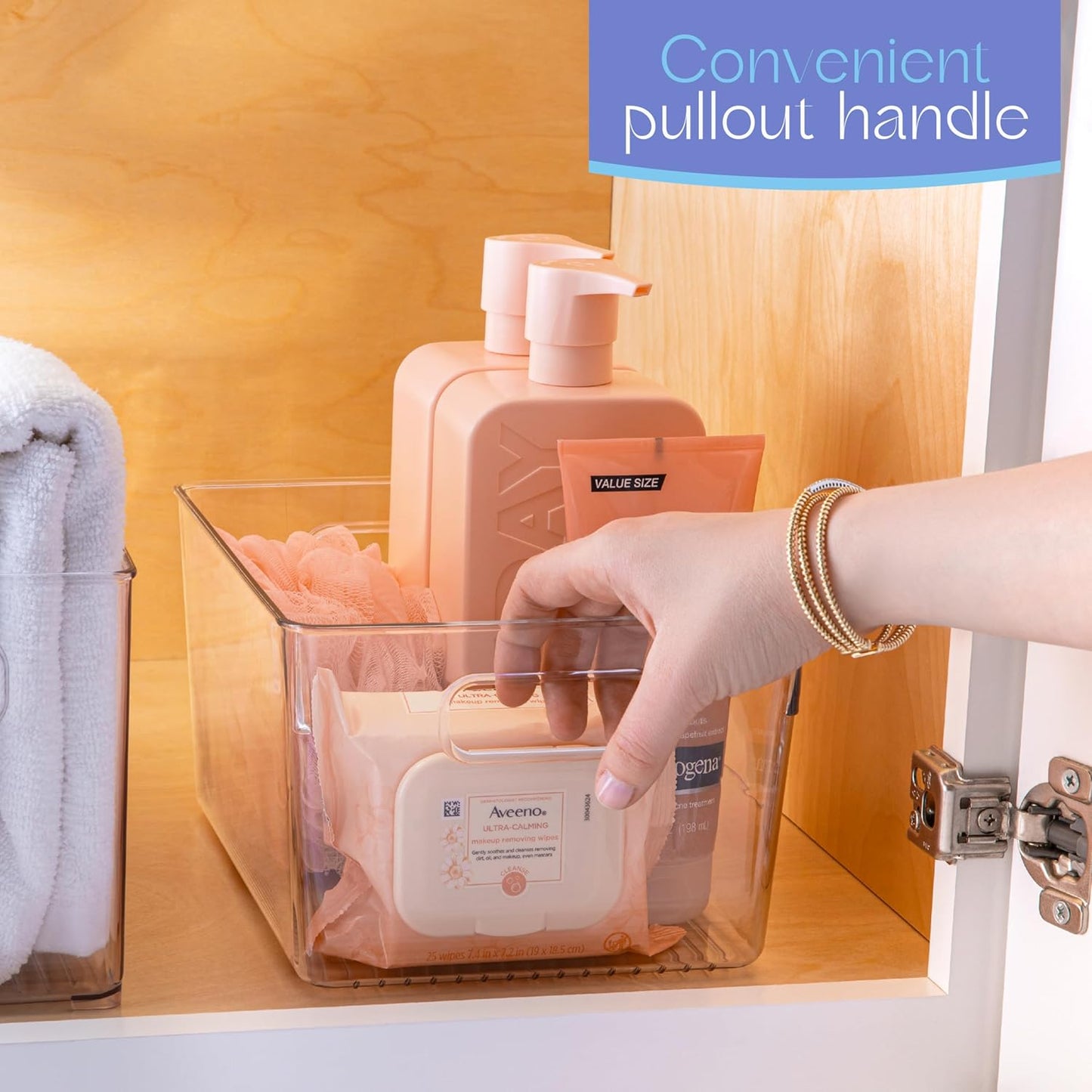 Plastic Food Storage 2 Pack Clear Container Bin with Handles for Organizing Kitchen, Pantry, Refrigerator, Freezer, Pantry, Cabinet, Closet, Bathroom. 10”x7.5”x5.3”