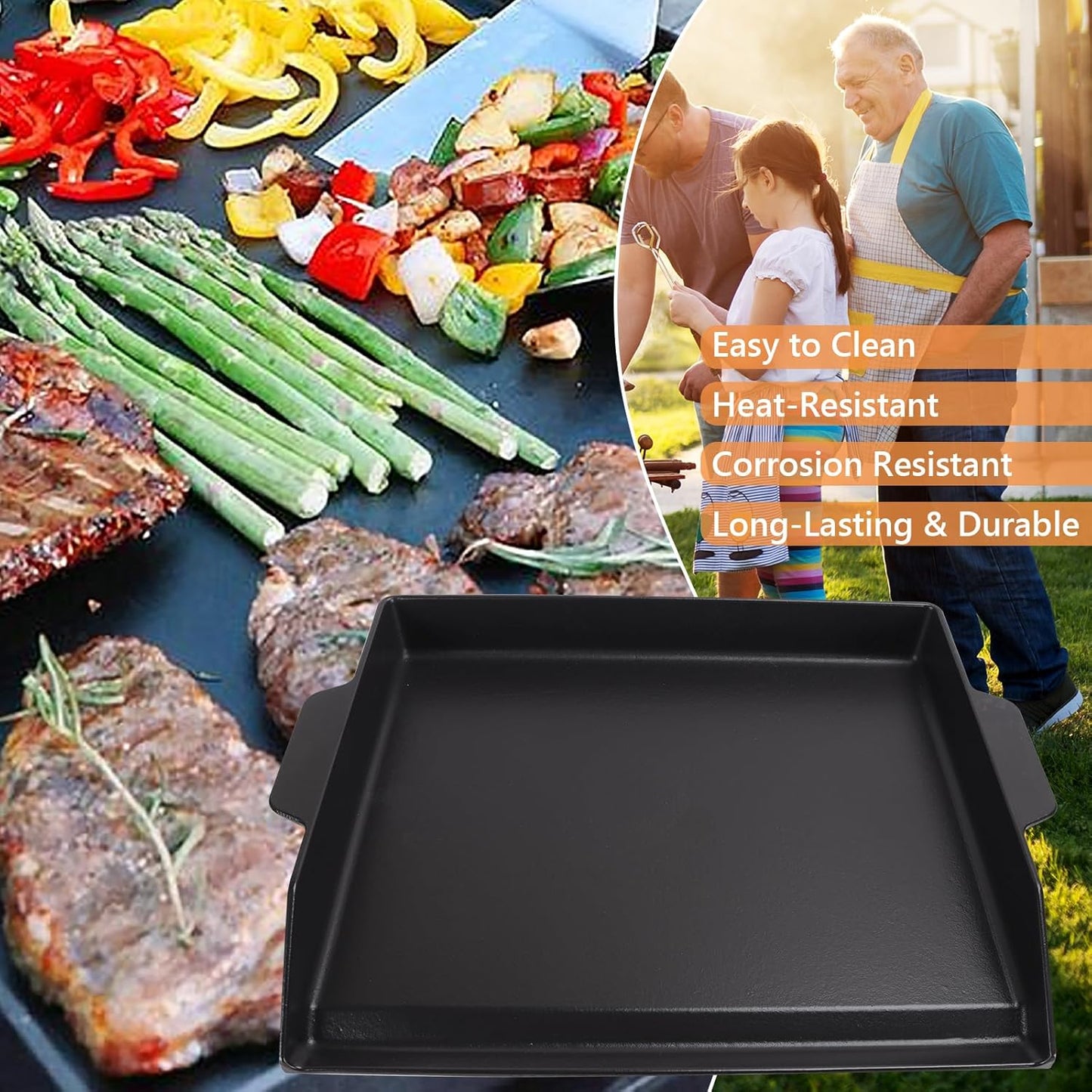 Universal Flat Top Griddle, Cast Iron BBQ Griddle for Electric/Gas/Charcoal Grill/Stove, 18.6 x14" Griddle Inserts for Weber Charbroil Camp Chef,Nonstick Coating Cooking Skillet Pan for Outdoor