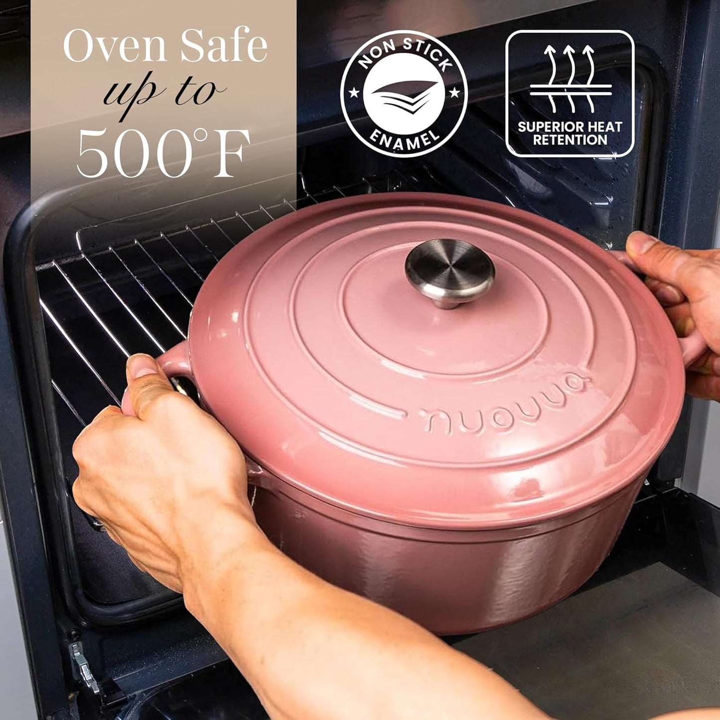 Nuovva Enamelled Cast Iron Dutch Oven Pot with Lid 6.4 Quart Non Stick Casserole Pot – Heavy Duty & Oven Safe up to 500° F for Bread Baking, Braising, Stews, Roasting – 28cm Pink