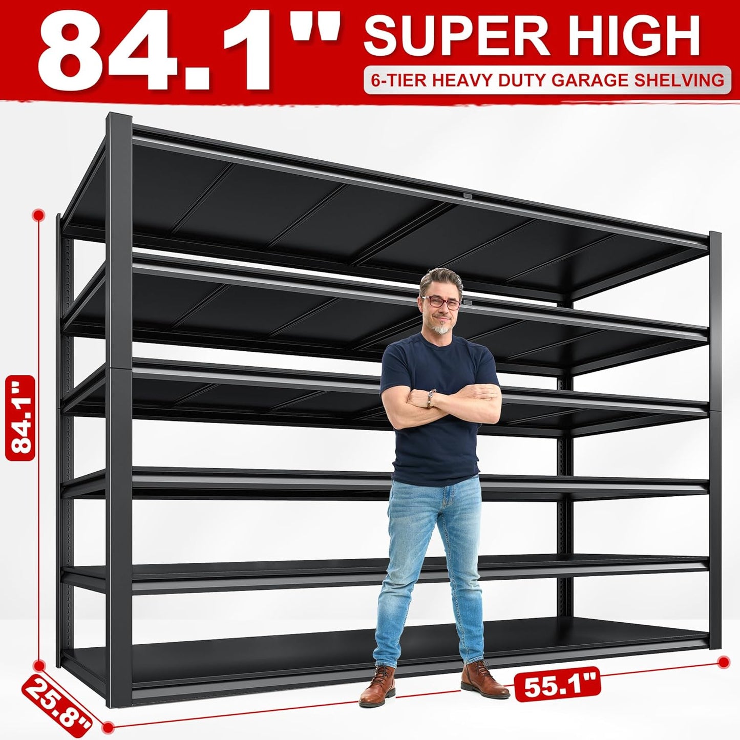 REIBII Storage Shelves, 55.1" W Garage Shelving Heavy Duty, Shelving Unit Load 3500LBS, Adjustable 6-Tier Metal Shelving for Commercial Pantry, Warehouse, Basement, 55.1" W x 25.8" D x 84.1" H