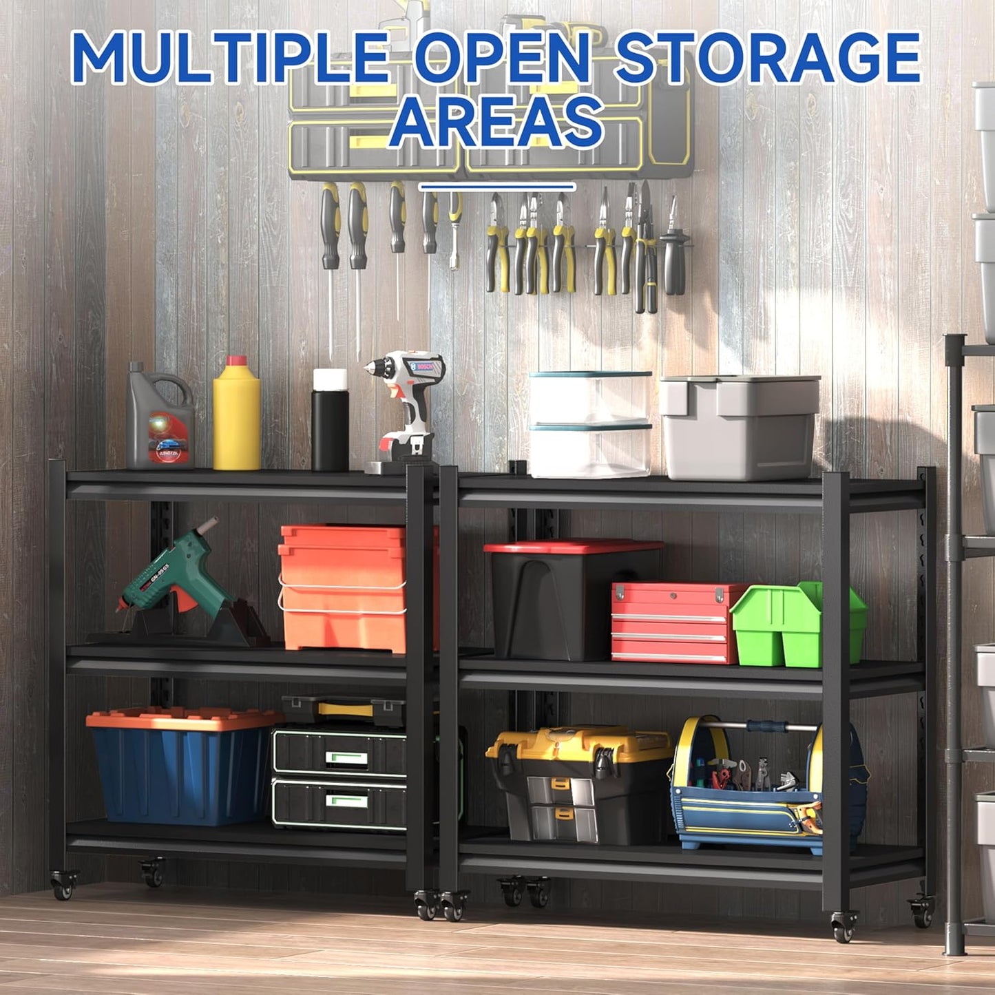 3 Tier Adjustable Garage Storage Shelving,Heavy Duty Utility Rack Shelf Unit on 4 Wheel Casters,Standing shelves for Garage, Home, Pantry,Kitchen,Warehouse,Bathroom & Laundry,Storage Rack - Black