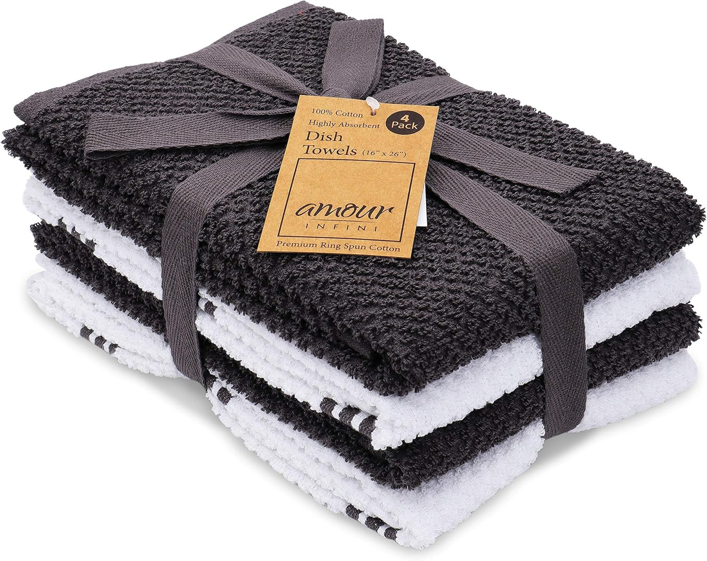 AMOUR INFINI Kitchen Towels Pack of 4 - Absorbent, Quick Drying Premium Cotton Tea Towel - Kitchen Linens 16x28 Inch Dish Towels with Hanging Loop (D.Grey)