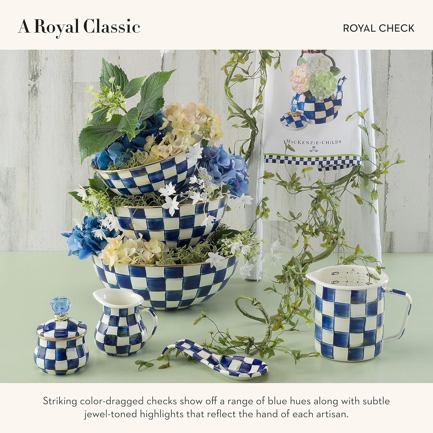 MACKENZIE-CHILDS Enamel Everyday Bowl, Serving Bowl for Entertaining, Large, Blue-and-White Royal Check